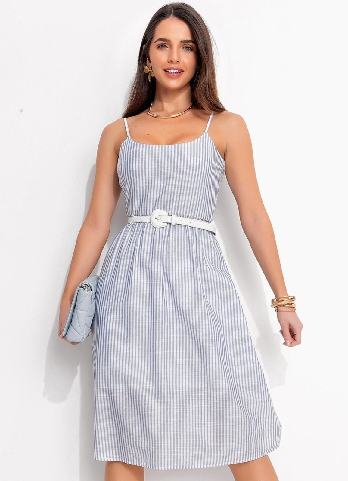 Vestido Tricoline Listrado Azul Quintess