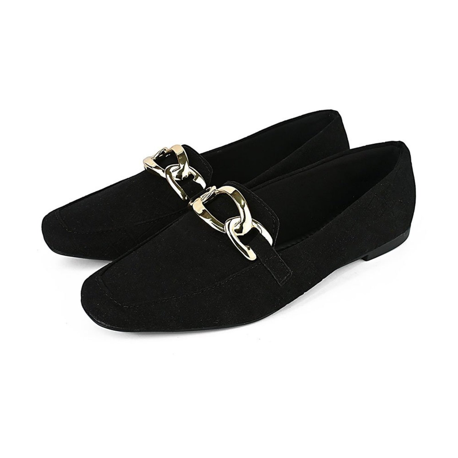 Sapato Mocassim Feminino CM Calçados Bico Quadrado Croco Camurça Corrente Dourada Preto