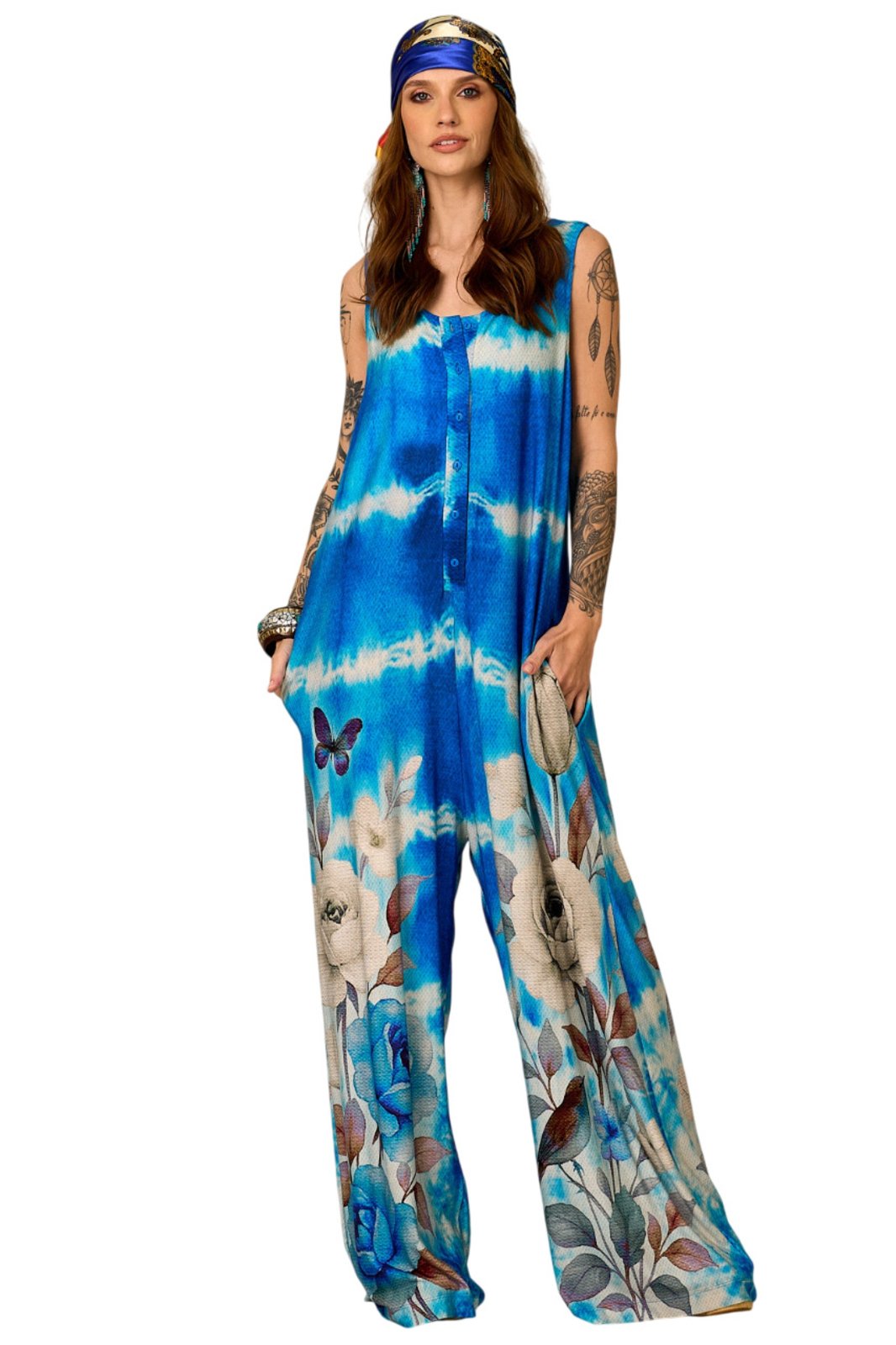 Macacão Pantalona Azul Estampa De Rosas Yacamim O9 – Estampado