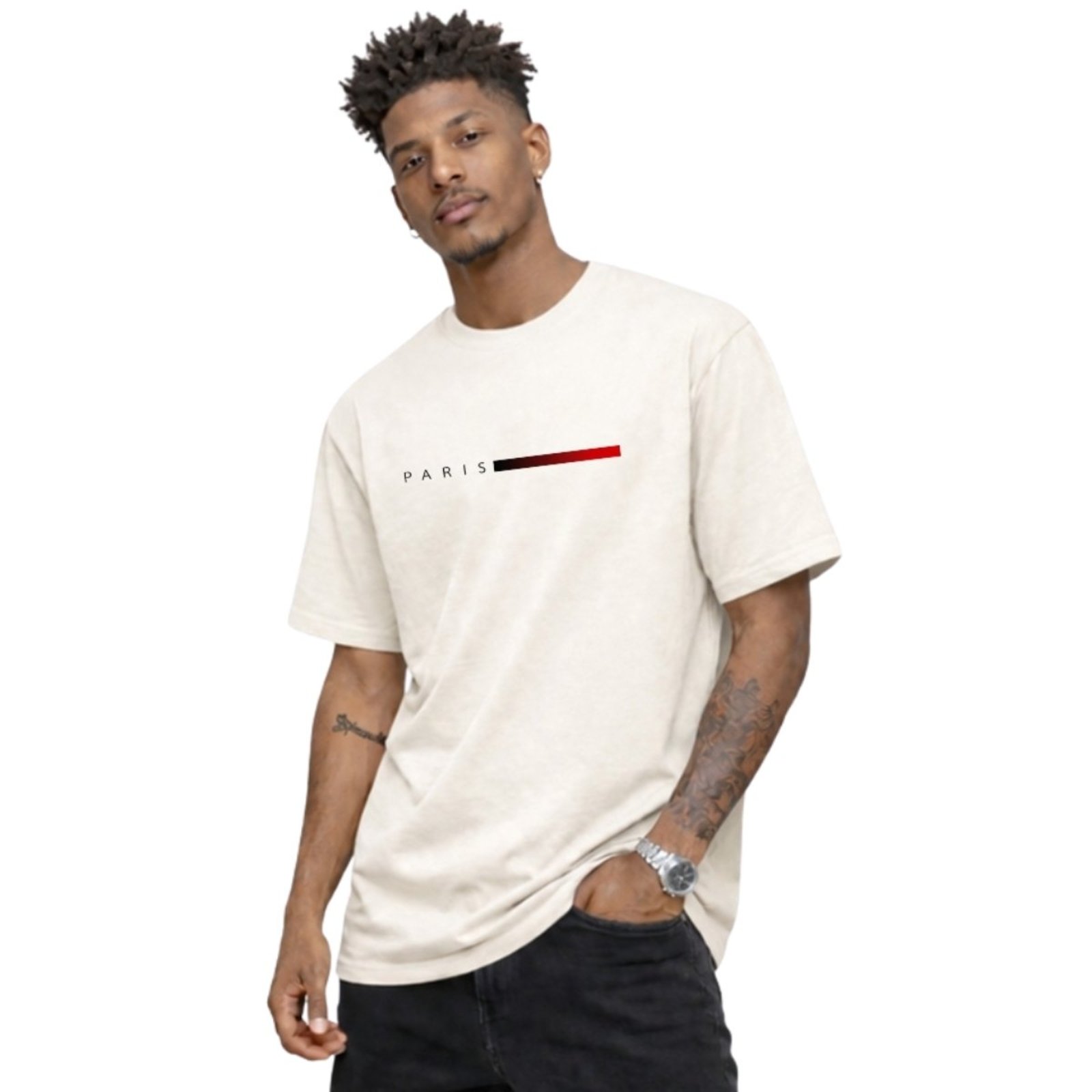 Camiseta Basica Algodão Gola Redonda Masculina Estampa Paris Vermelho