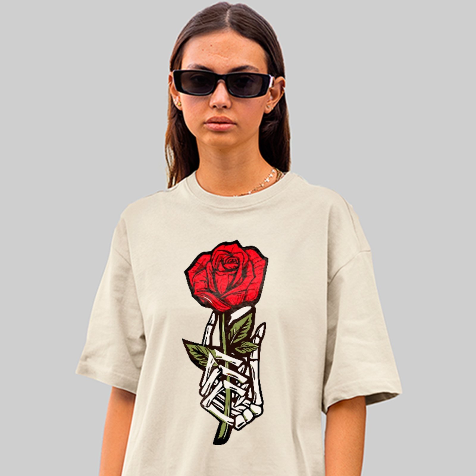 Camiseta Oversized Rosa Caveira Gothic Streetwear Unissex Off White
