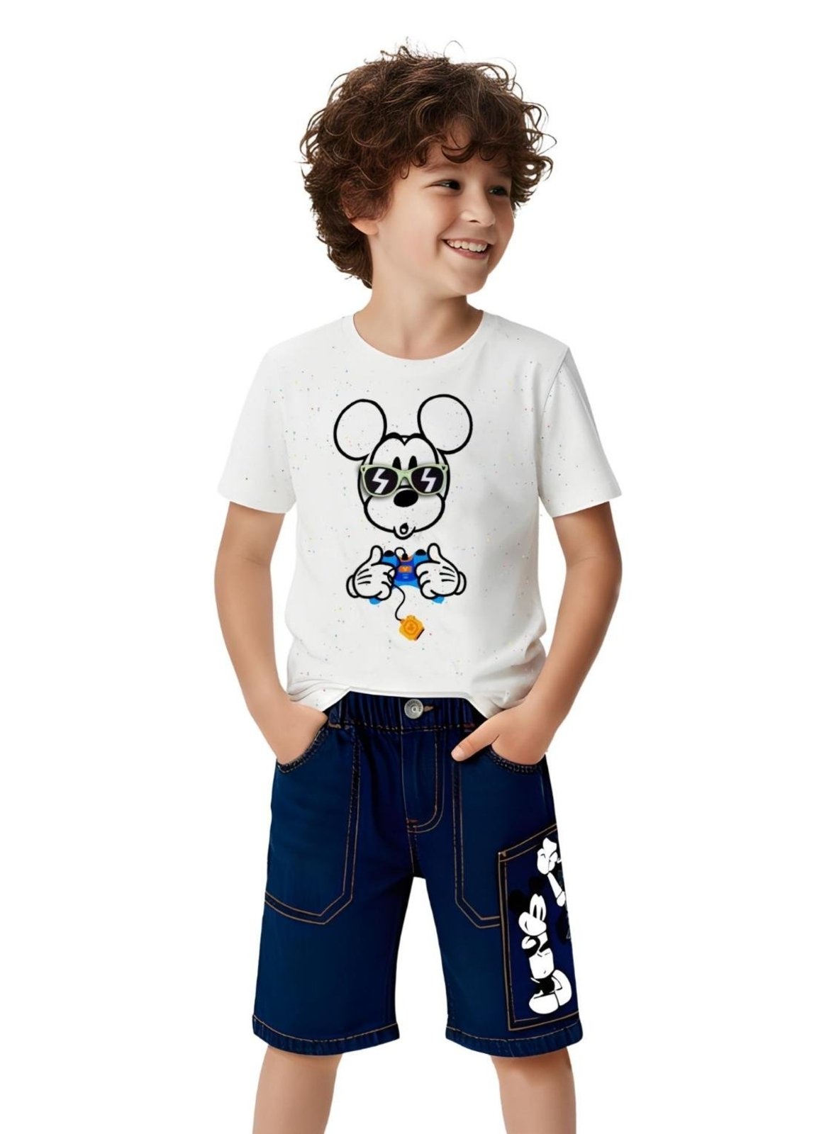 Infantil - Bermuda Menino Mickey e Seus Amigos Detalhe Bolso Azul