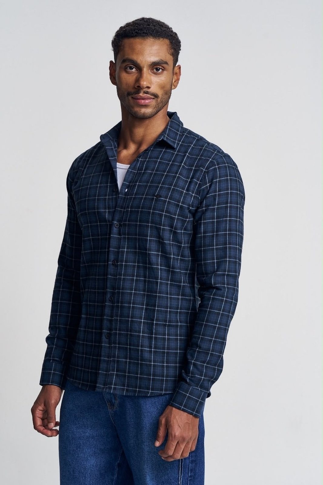 Camisa Masculina Xadrex Manga Longa Triton Xadrez Azul
