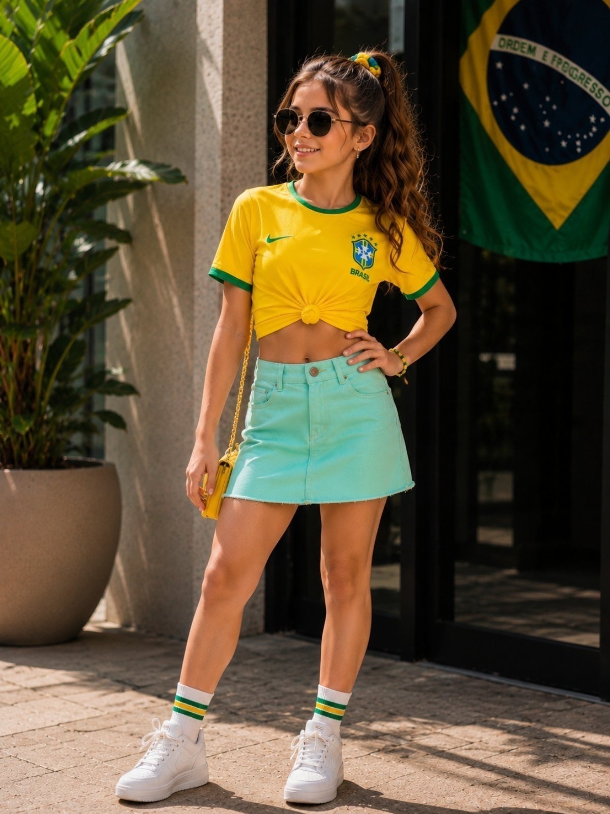 Infantil - Mini Saia Jeans Juvenil Estampada com Elastano Tam 10 ao 16 Edição Copa Do Mundo
