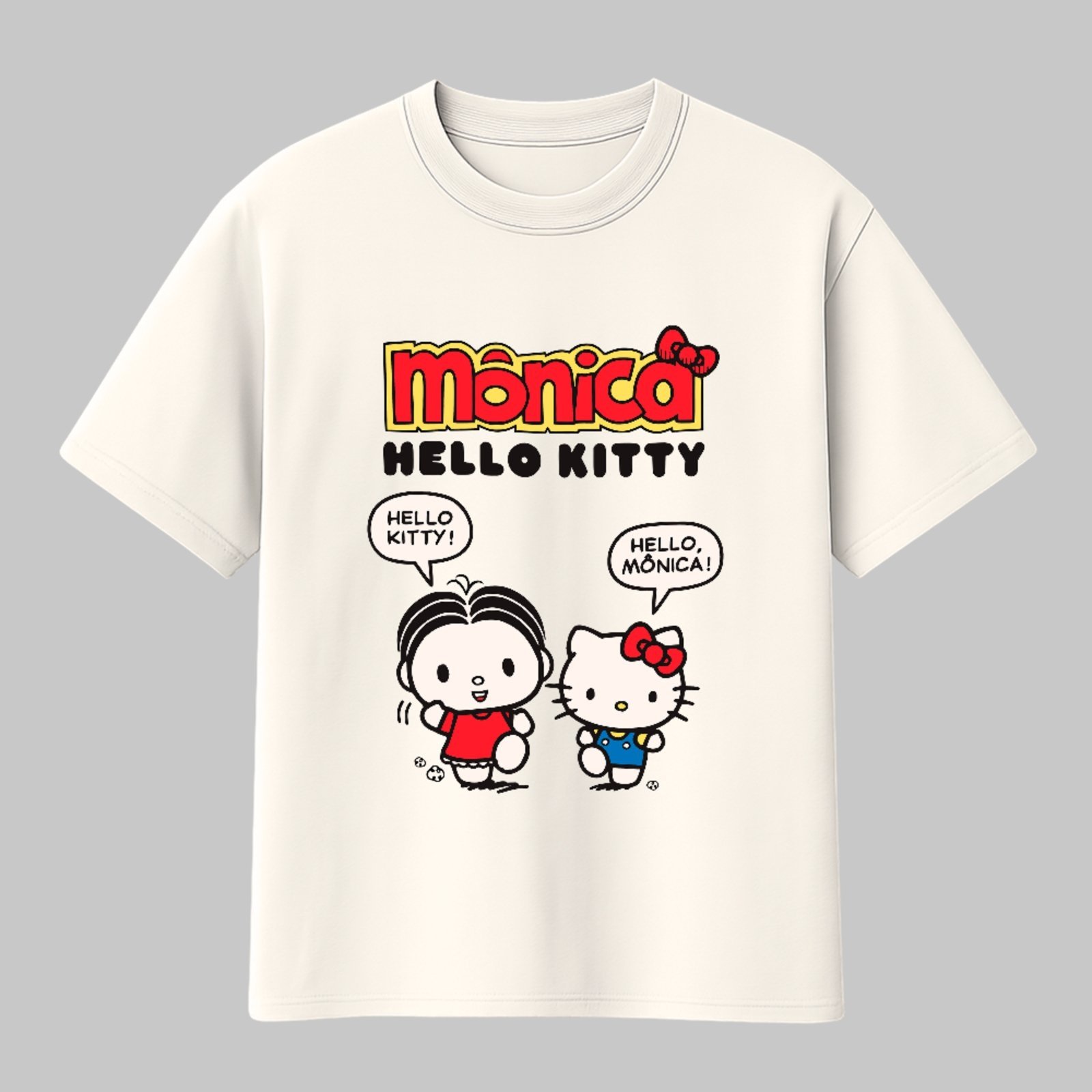 Camiseta Básica Ilustração Clássica Fofa Mônica Hello Kitty Unissex Off White