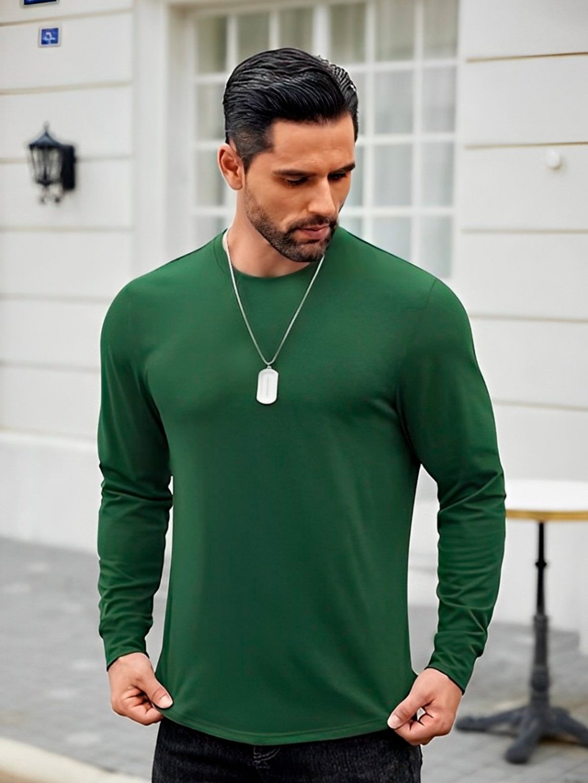 Kit 3 Camisa Masculina Manga Longa Longline Oversized Swag Slim Fitness - Verde Escuro
