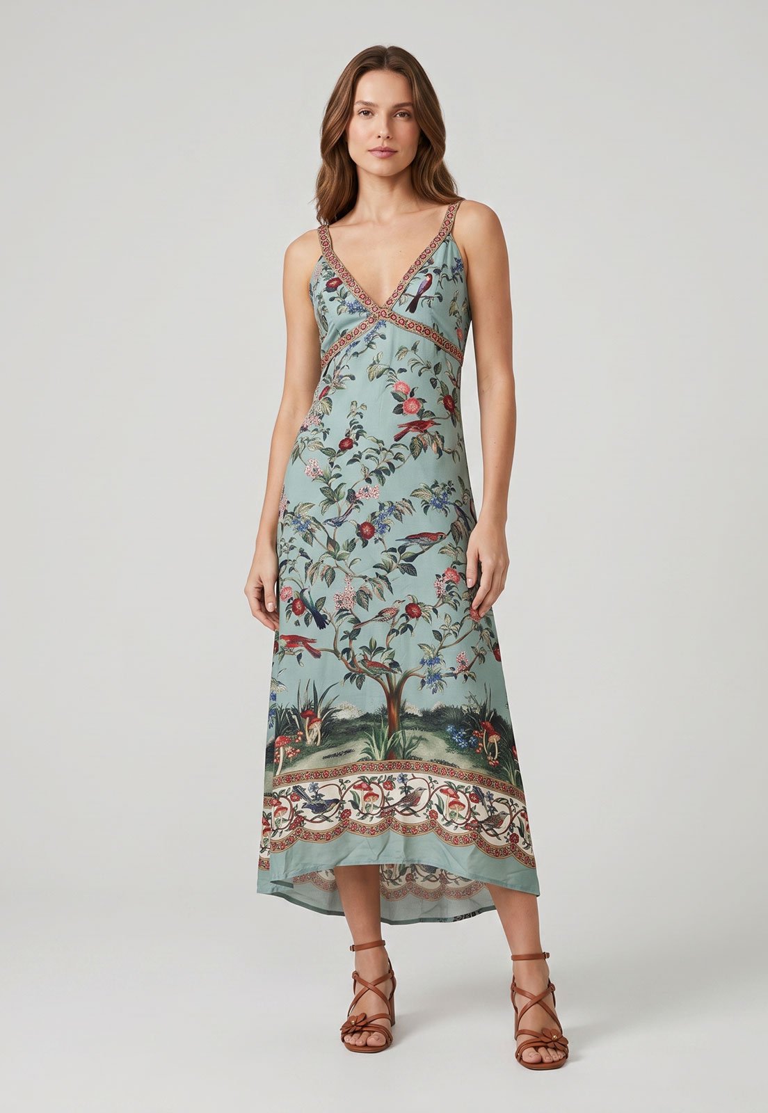 Vestido Feminino FARM Alças Finas Estampado Floral Azul