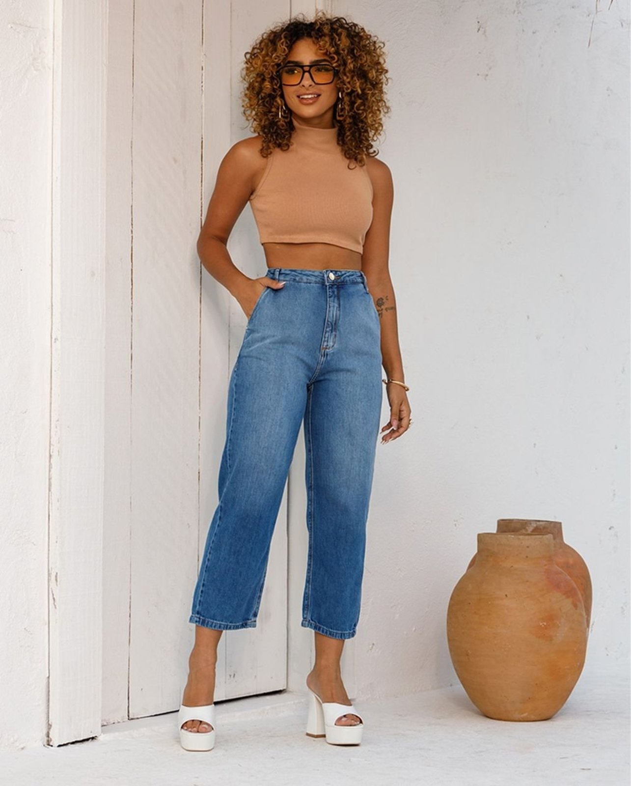 Calça Jeans Slouchy Feminina Cintura Alta Básica 24251 Médio/escuro Consciência