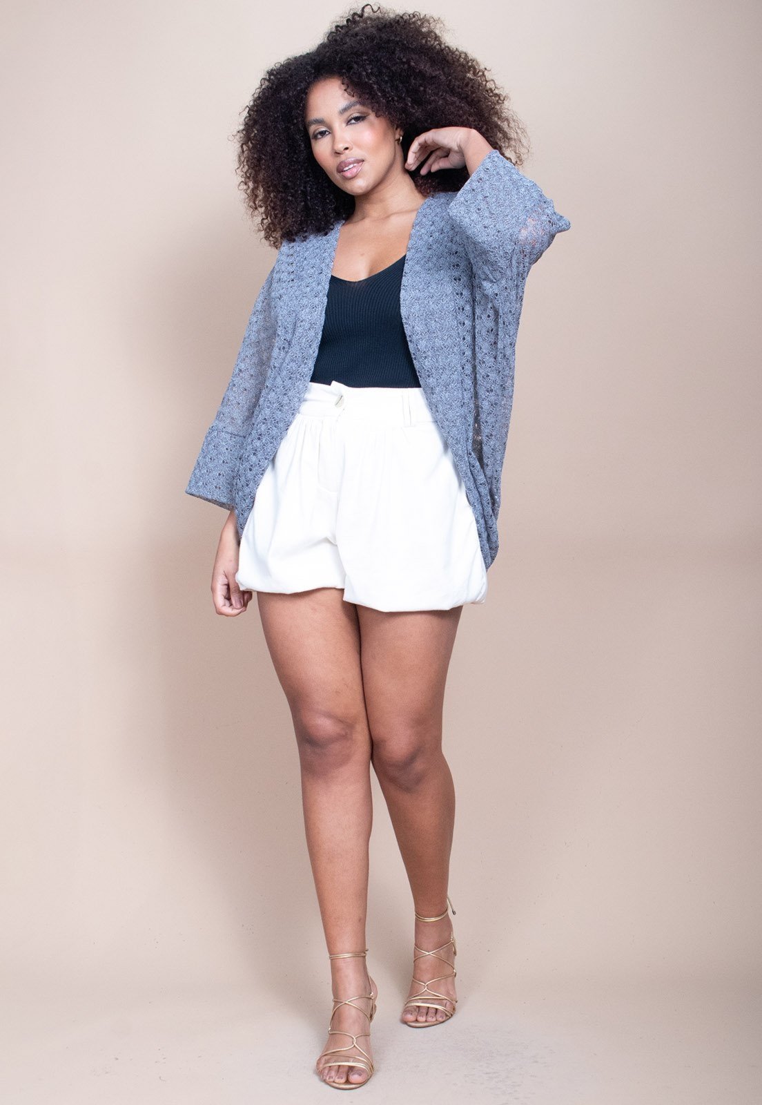 Kimono Cabanafree Ponto Tricot Manga Ampla Cinza