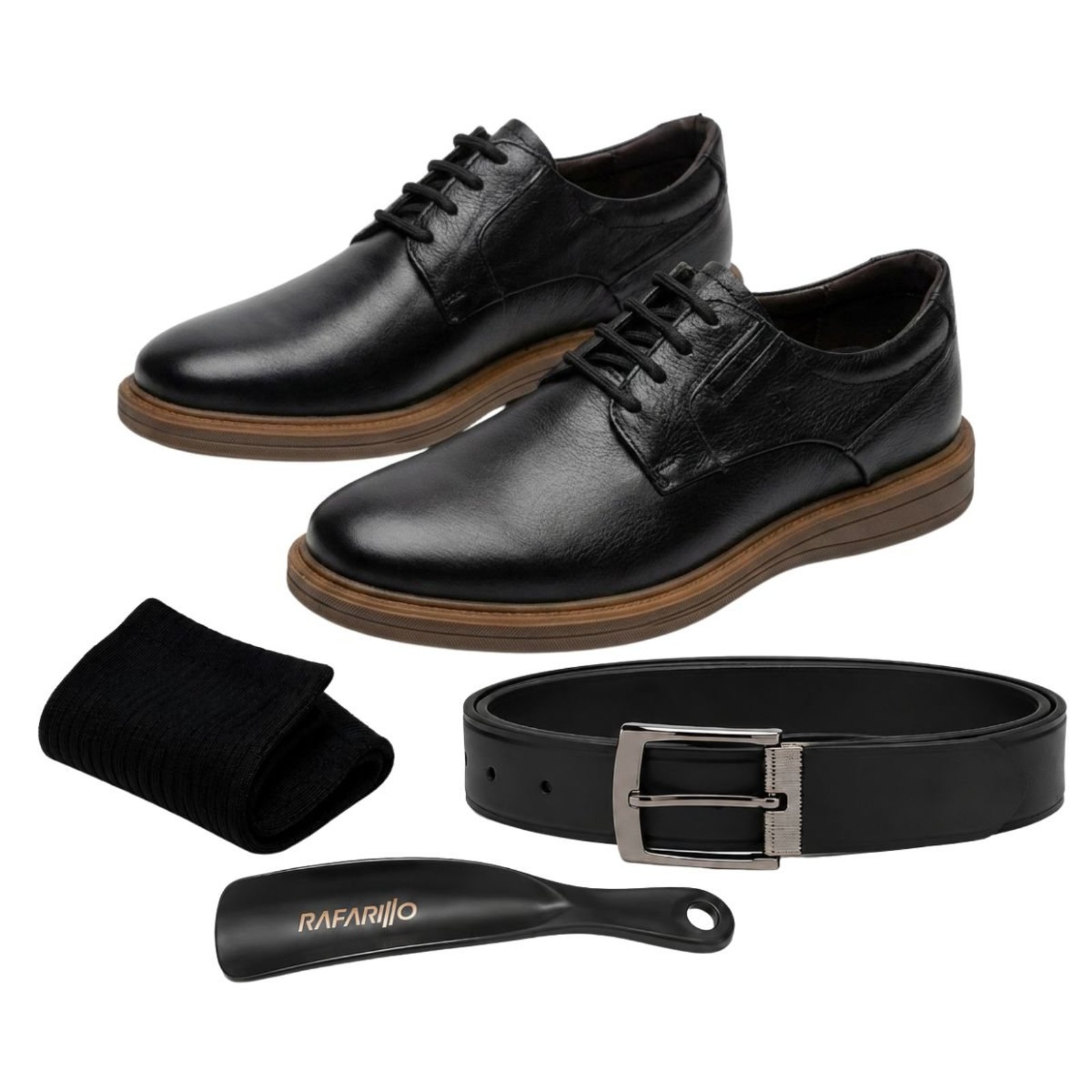 Kit Sapato Social Masculino Rafarillo em Couro com Cinto, Meia e Calçadeira Casual Elegante Confortável para Trabalho e Ocasiões Especiais