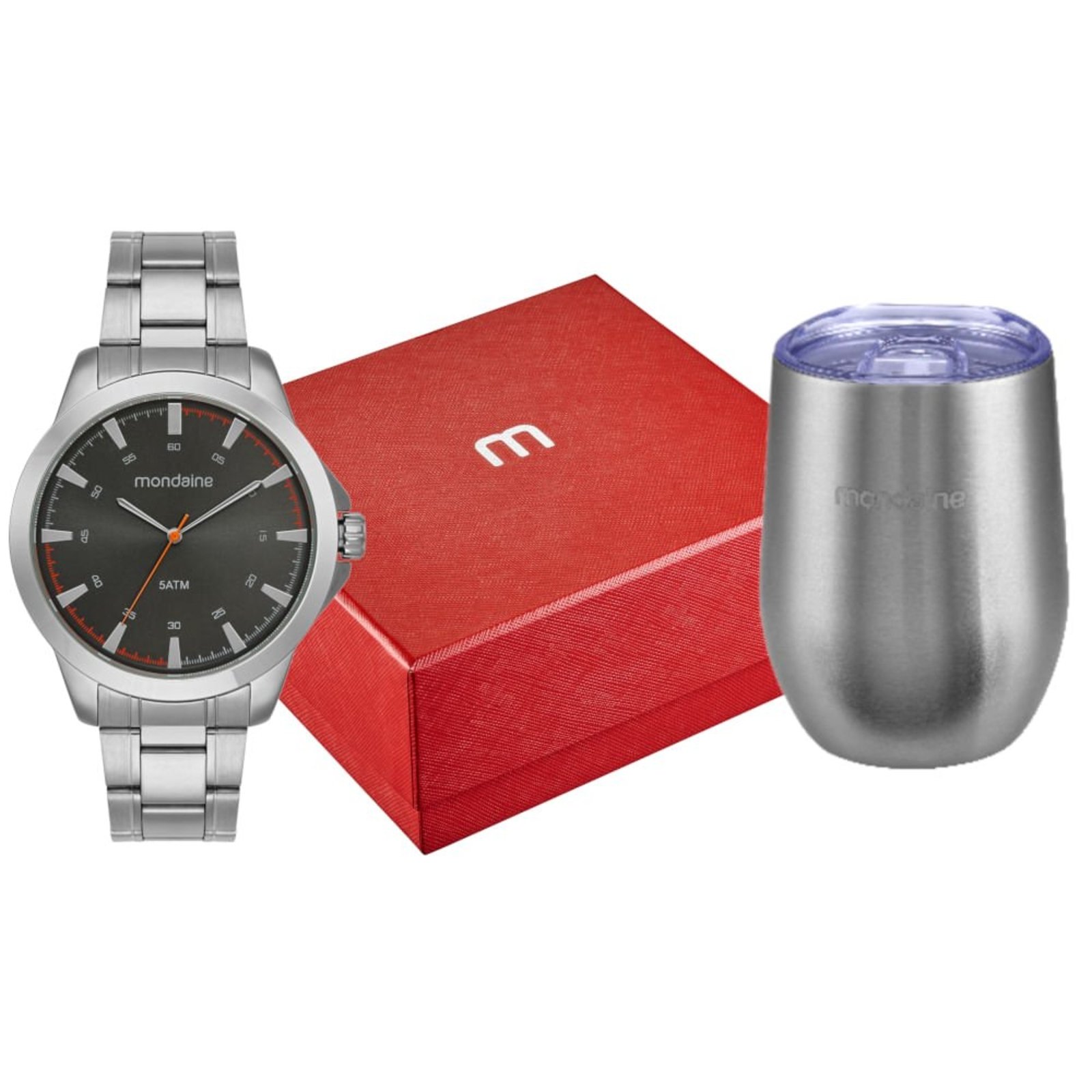 Kit Relógio Masculino Prata Casual Com Copo Térmico Mondaine