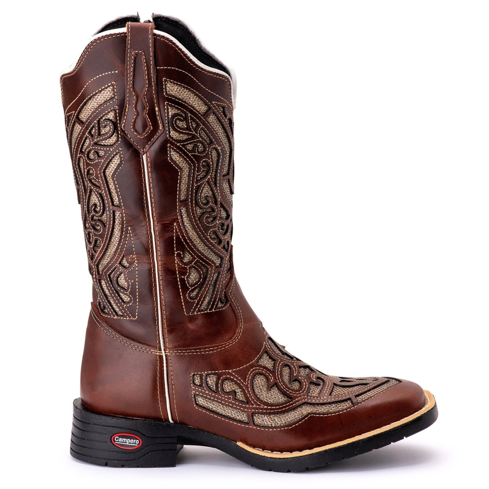 Vista 2 Bota Couro Campero Texana Bordada Cano Longo Sela marrom Campero marrom