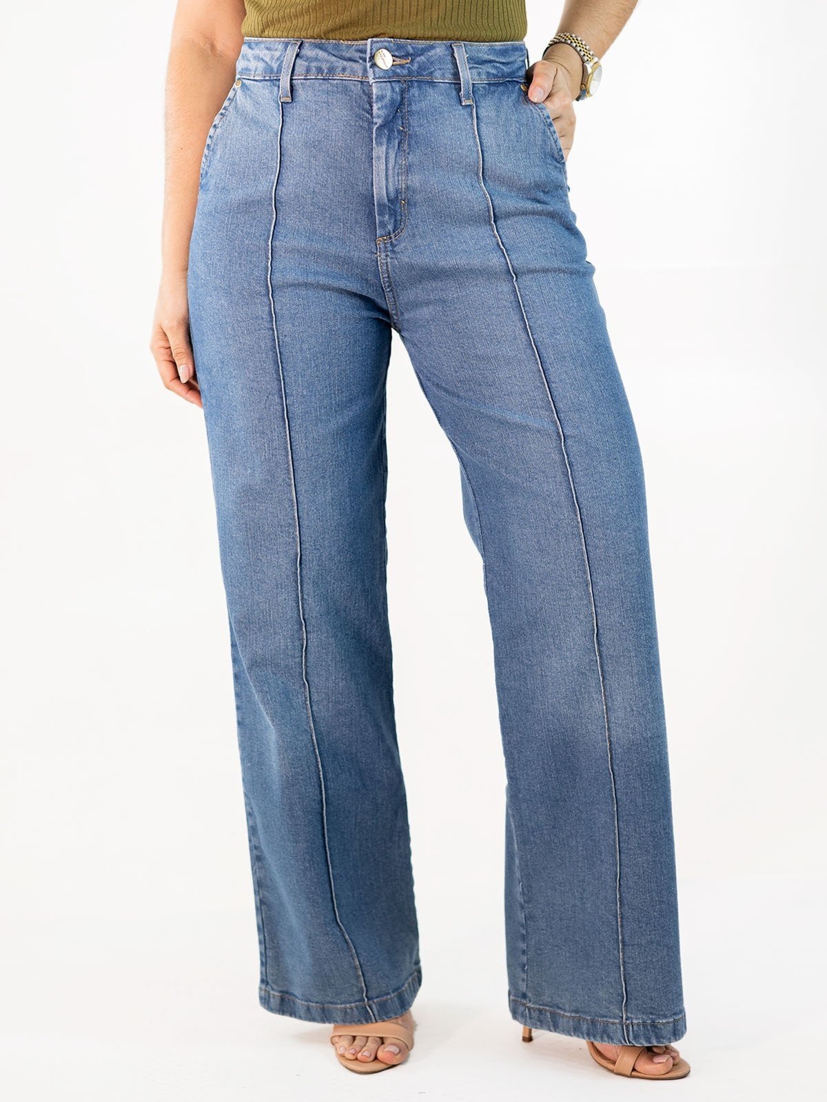 Calça Feminina Wide Leg Jeans Friso Frontal Alta Anticorpus
