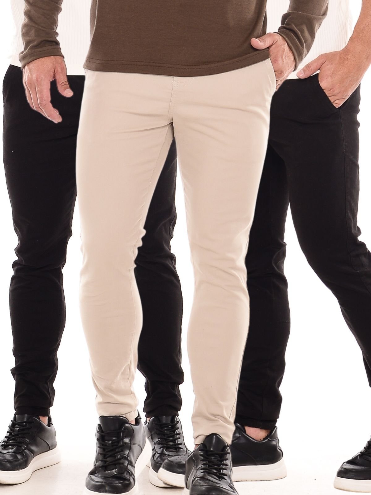 Kit 3 Calças Sarja Masculina Ethereal Jeans Confortável e Estilosa Preto e Bege Claro