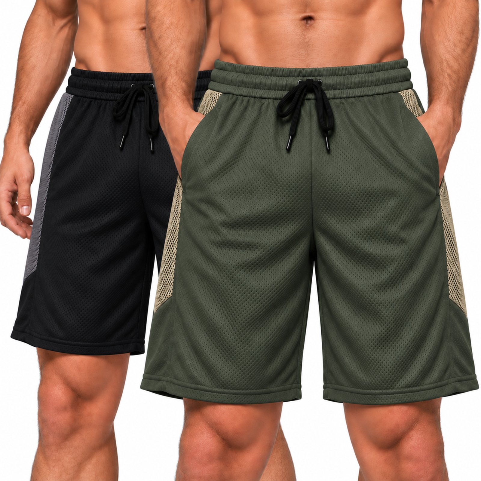 Kit 2 Bermudas Shorts Masculinas Dry Fit Esportivas Academia Corrida Treino Preto e Verde Militar