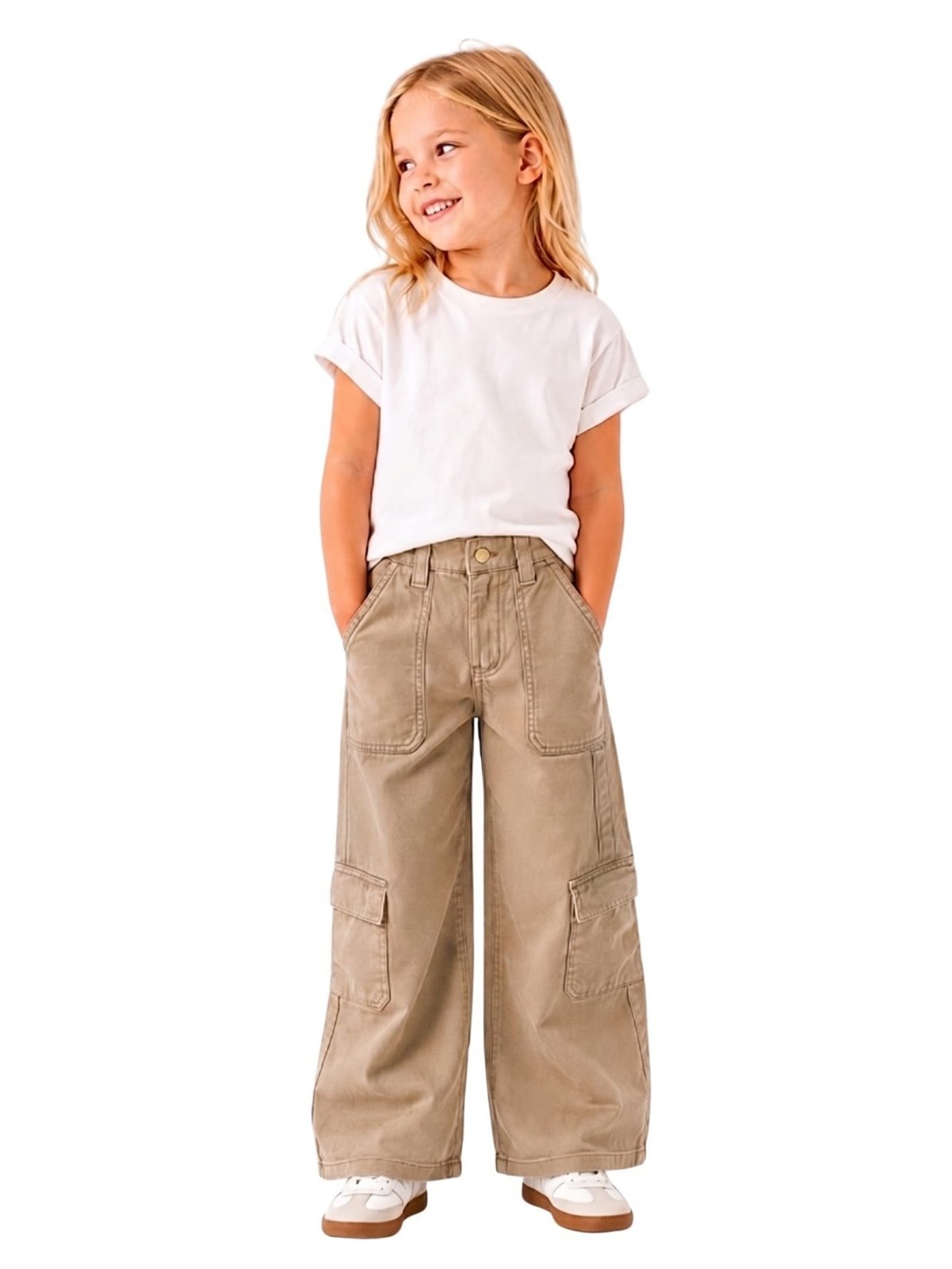 Infantil - Calça Sarja Crawling Cargo Wide Leg Feminina Cáqui