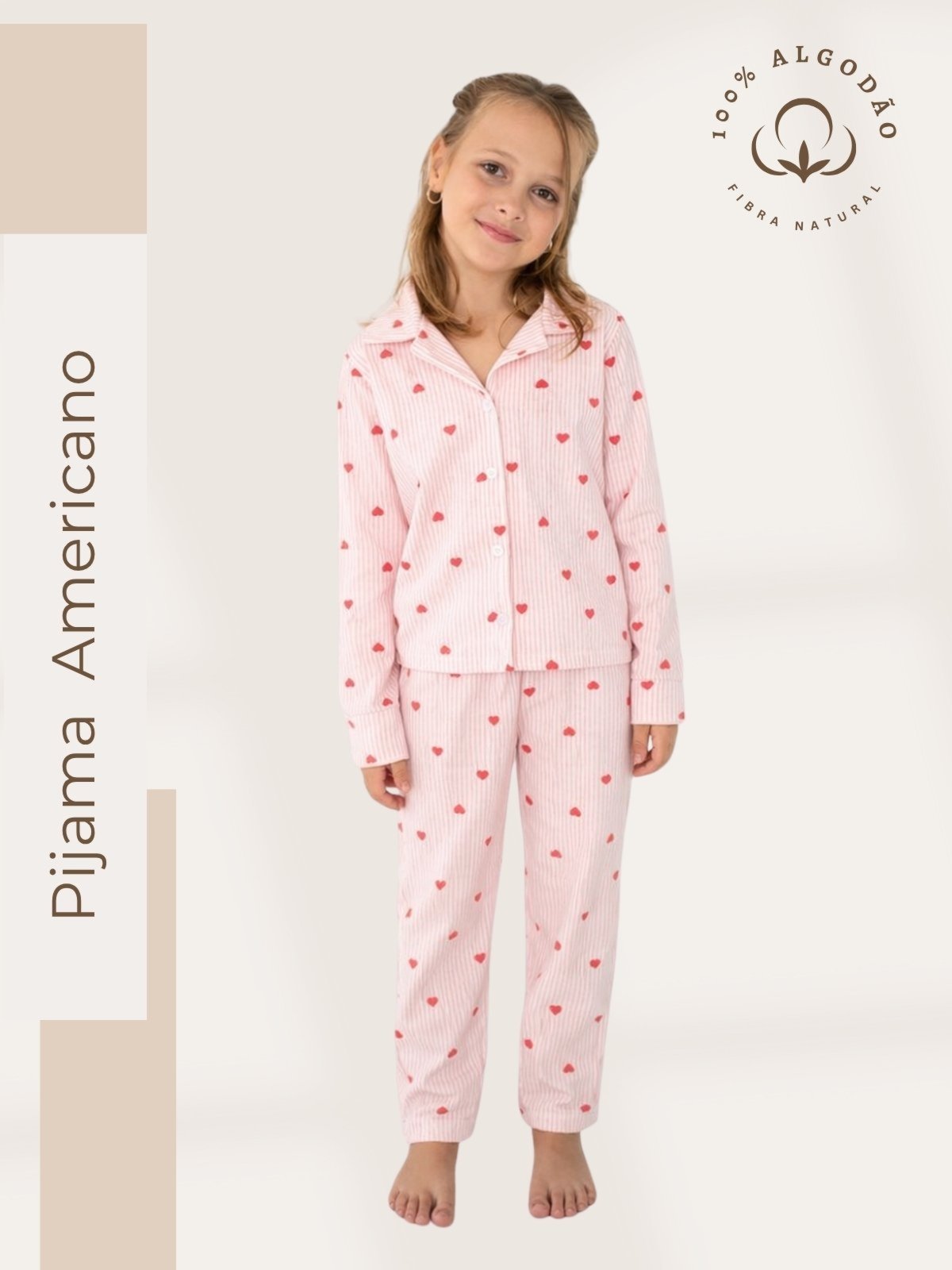 Pijama Algodão Americano Longo Menina Mel - Listrado Corações