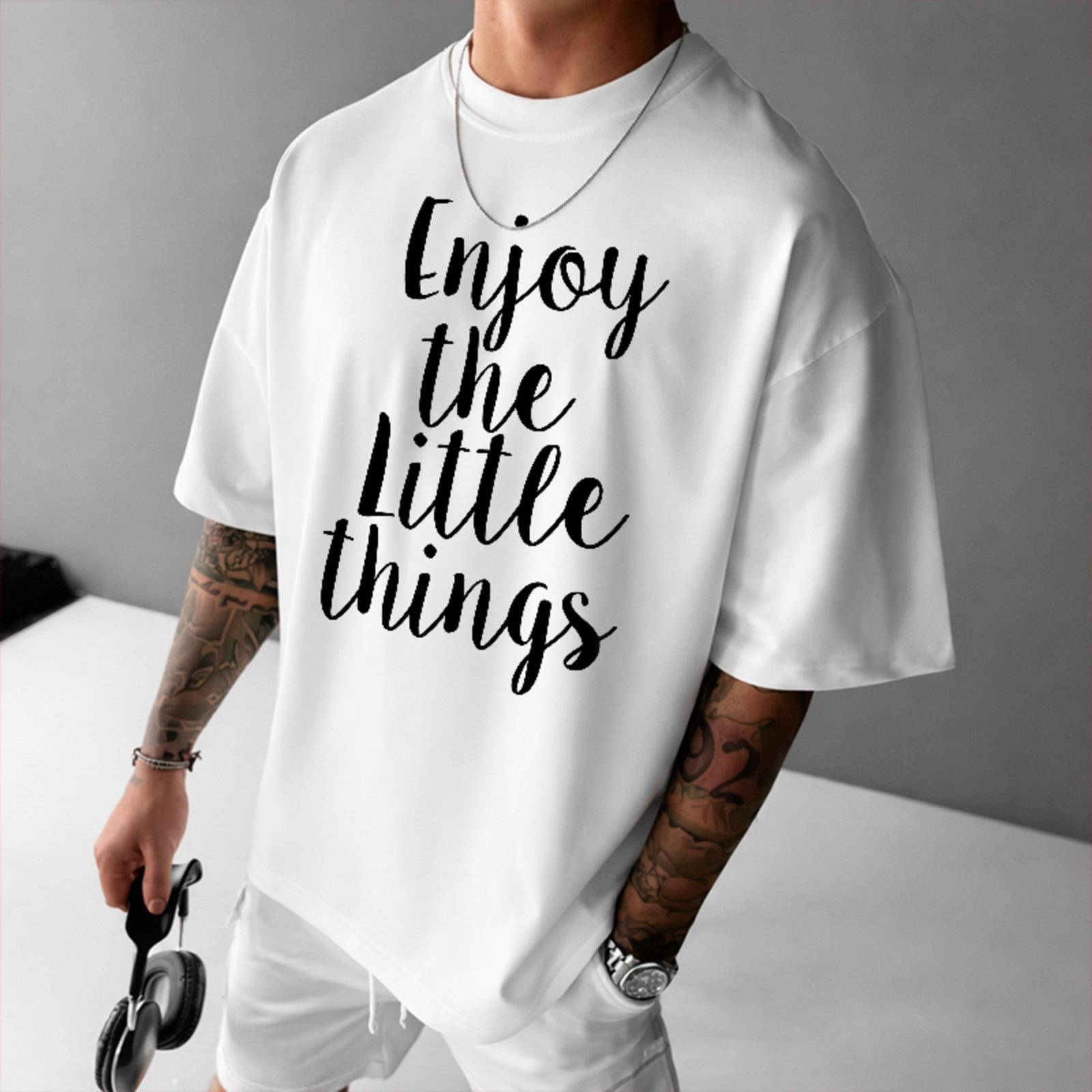 Camiseta Oversized Enjoy The Little Things Motivacional Streetwear Branco