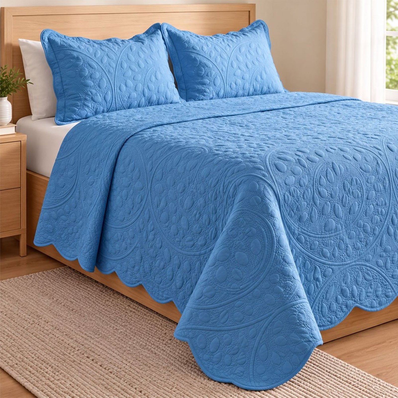 Cobre Leito Colcha Delicato Casal 3 Peças Dupla Face Matelassê Bordado - Azul