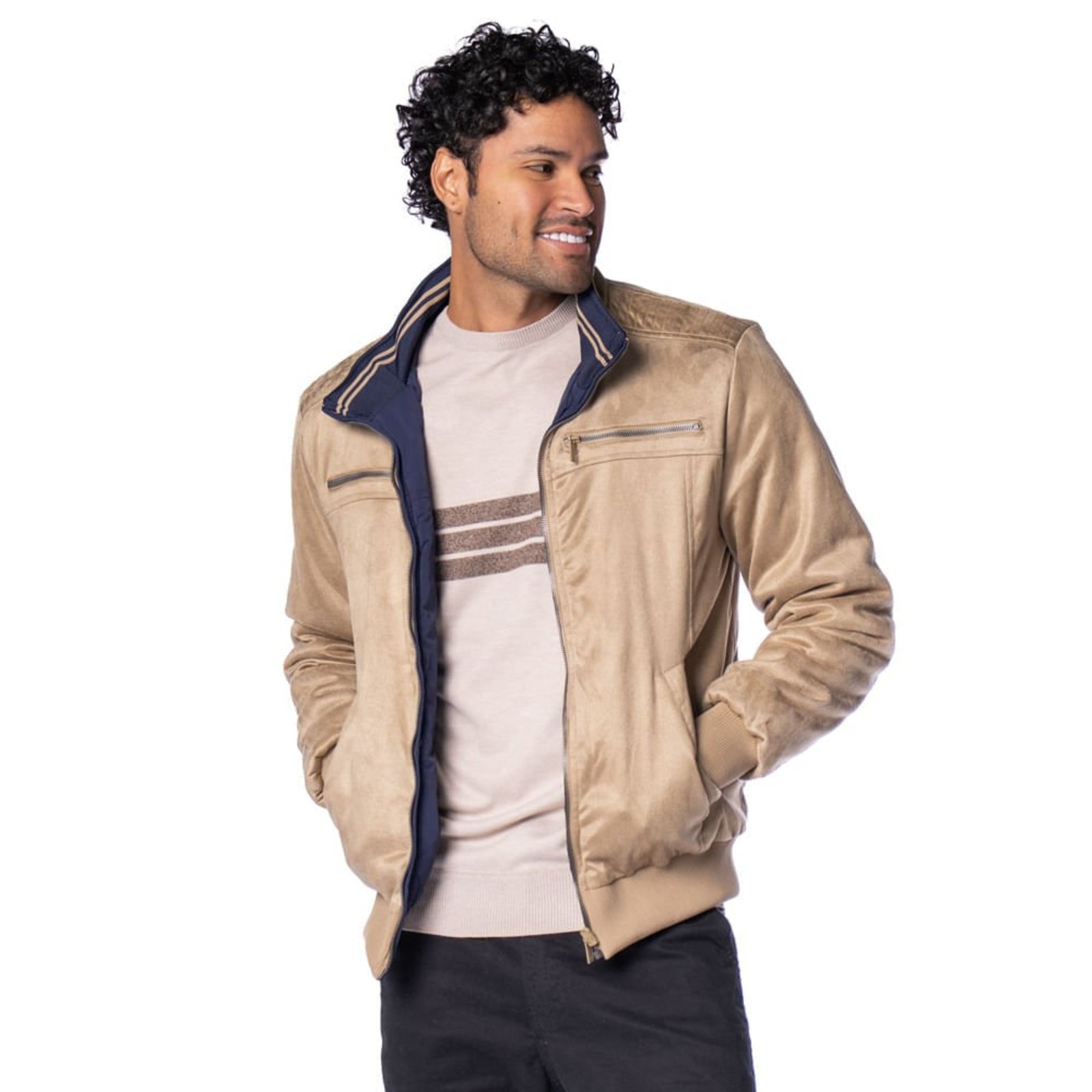 Jaqueta Bomber Masculina Dixie Suede Dulpa Face Caqui/Marinho