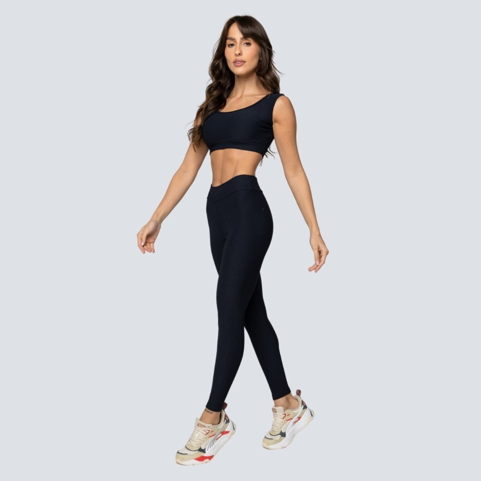Conjunto Fit One Yoga Canelado Legging e Top com bojo removível Preto