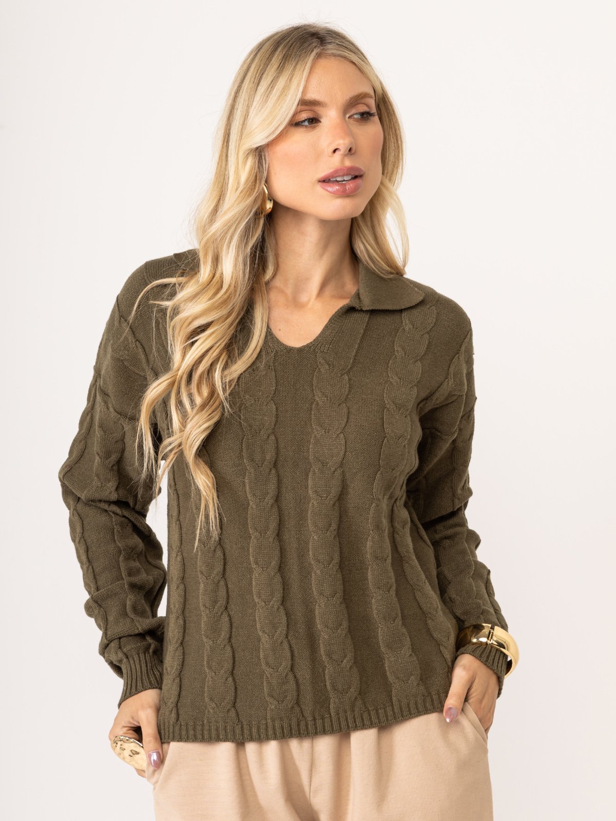 Blusa La Cor Tricot Gola Polo Tranças Verde Militar
