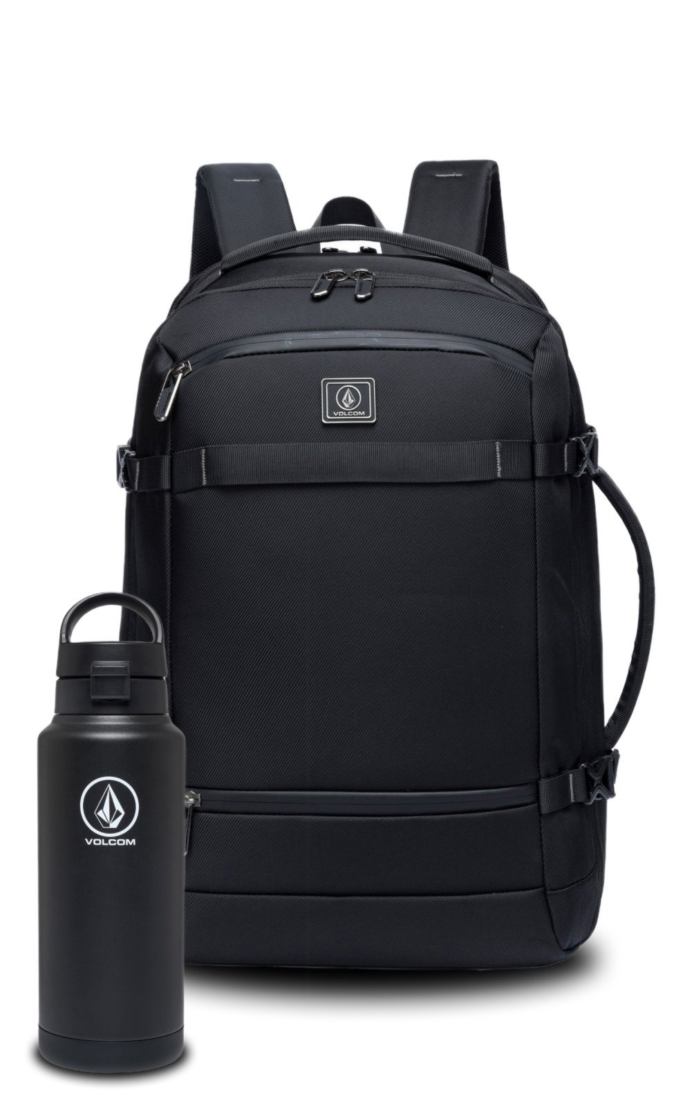 Kit Mochila Executiva Espaçosa Garrafa Preta Aço Inox 1L Volcom
