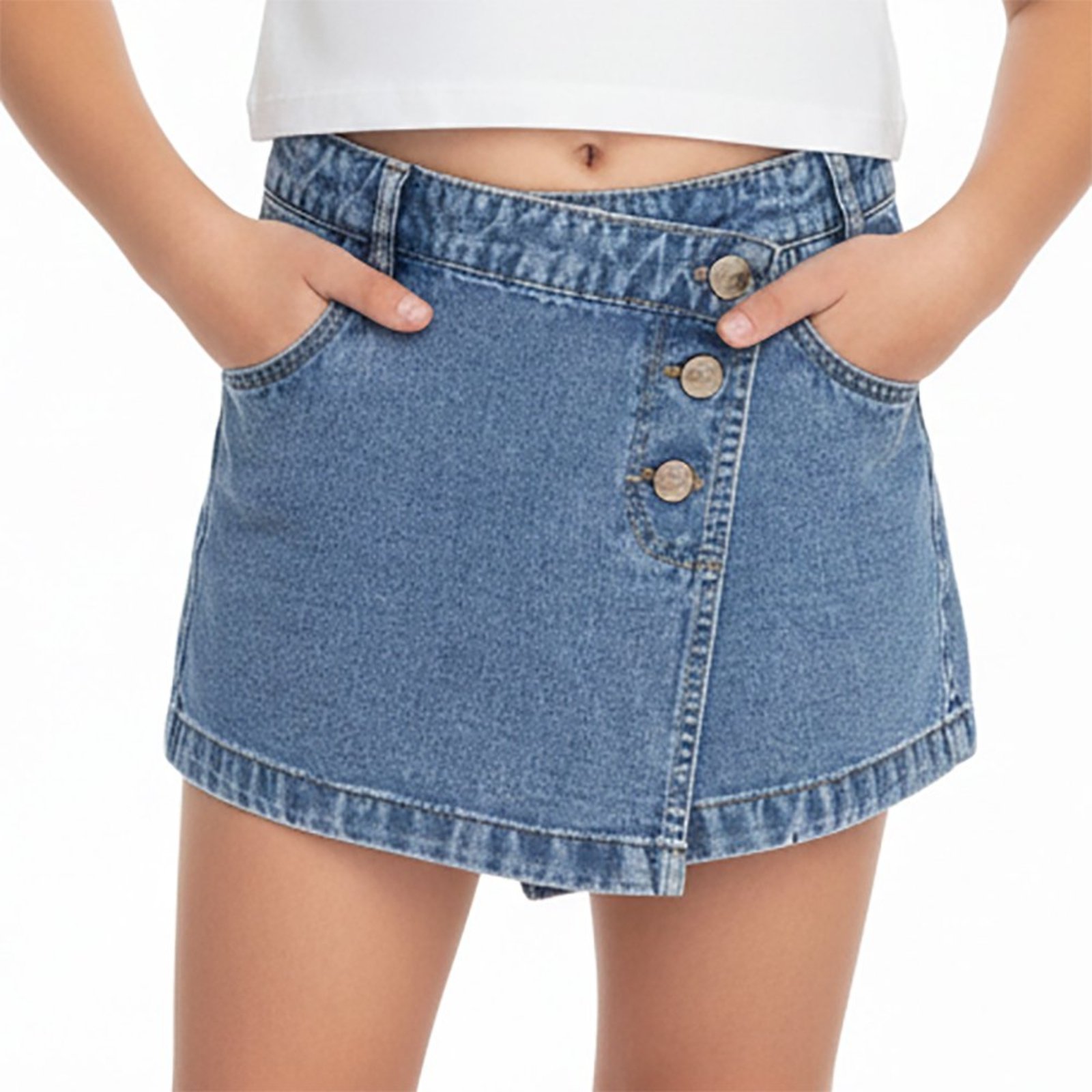 Infantil - Shorts Saia Juvenil Look Jeans Assimétrico Jeans