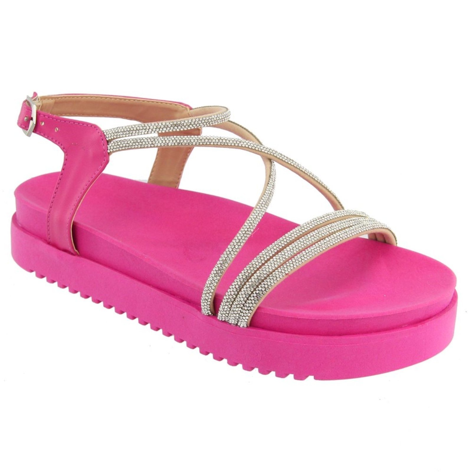 Sandália Papete Flatform Feminina Pink Com Tiras De Strass Off White 199057