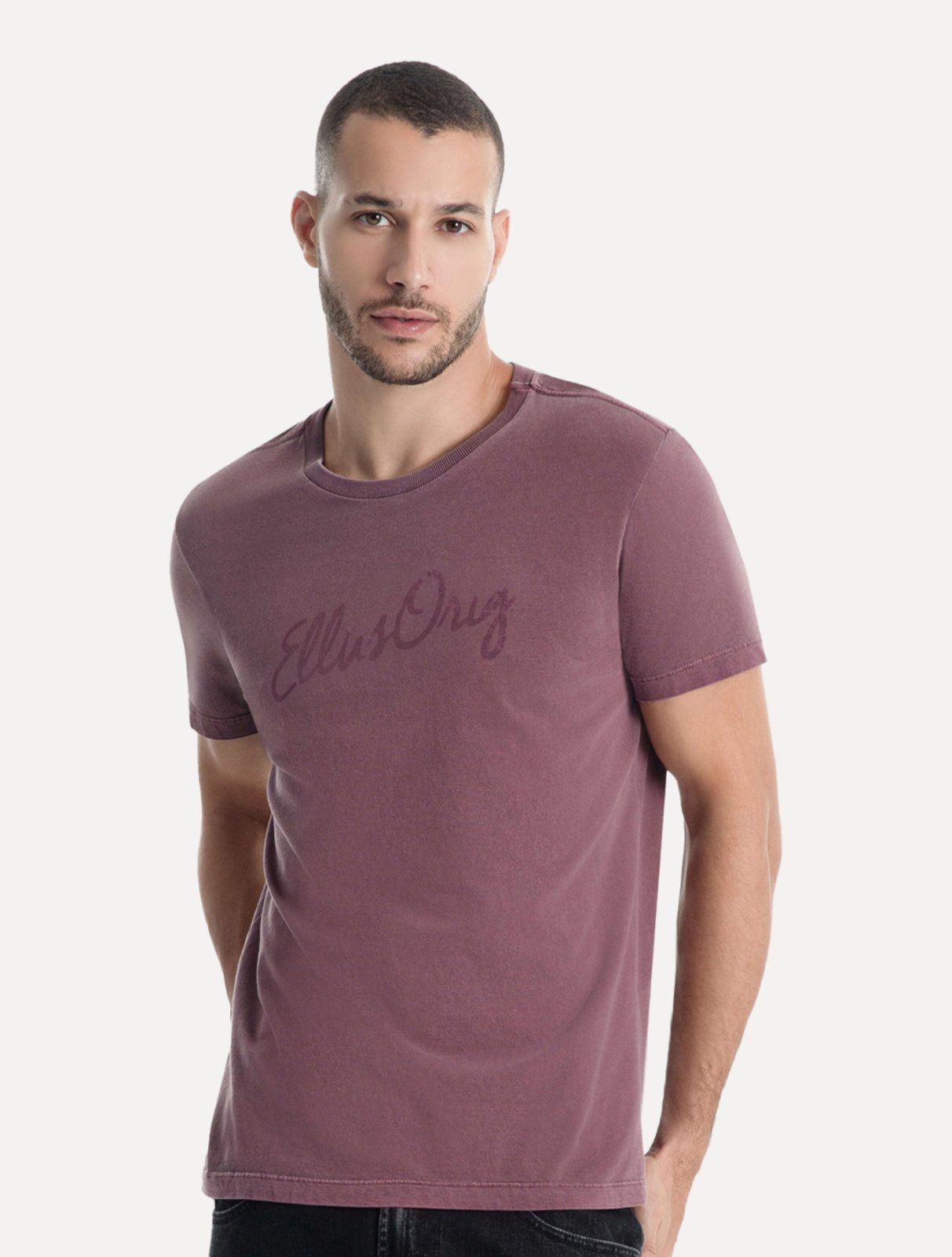 Camiseta Ellus Masculina Cotton Washed Origin. Script Bordô