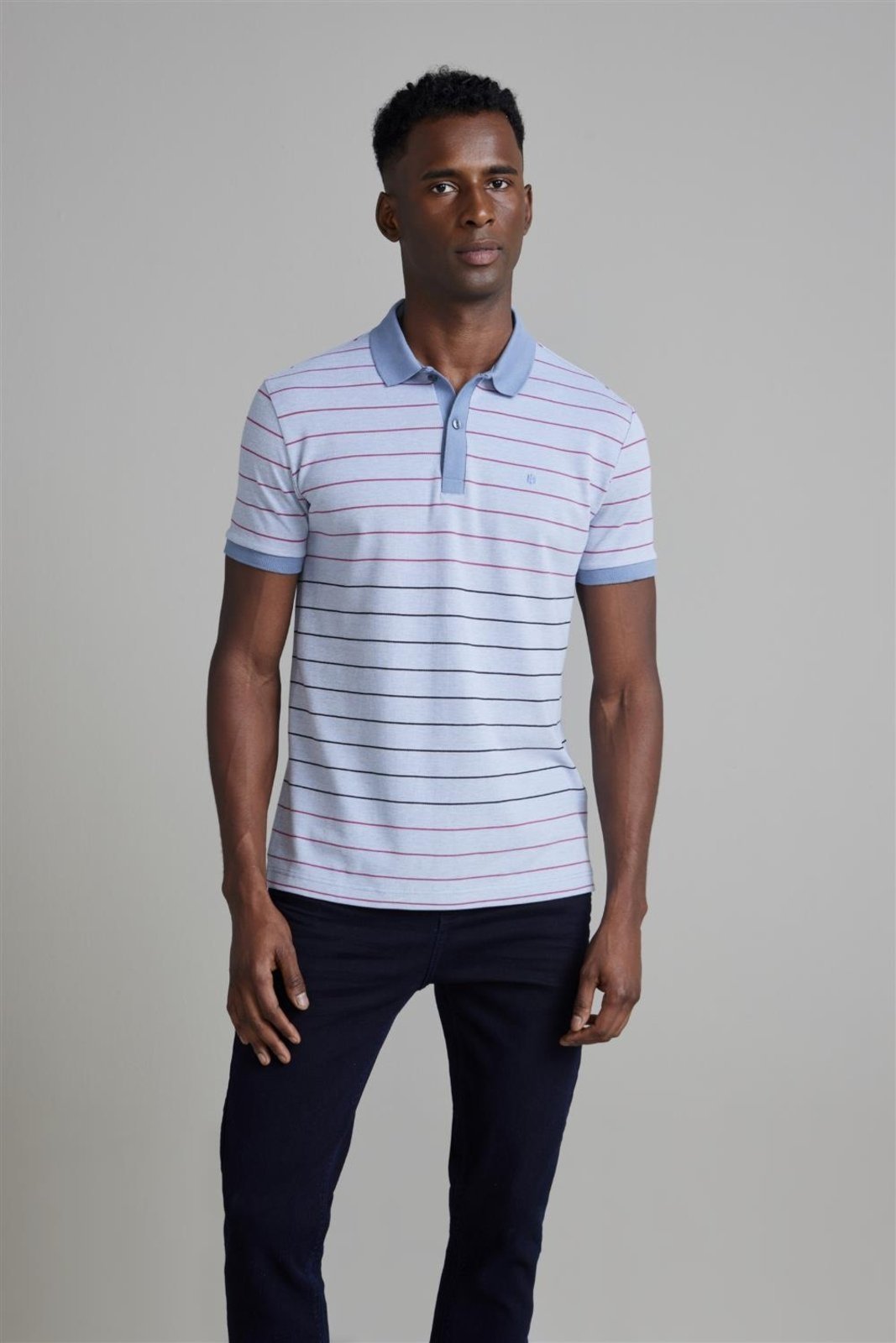 HIGHSTIL Camisa Polo Piquet Slim Fit - Azul Jeans / Vinho Escuro
