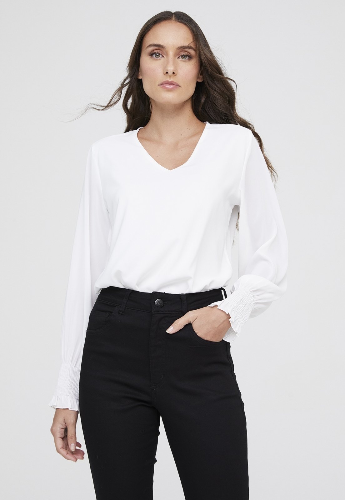 Vista 2 Blusa Traymon Manga Longa Com Lastex Off White off-white white Traymon off-white white