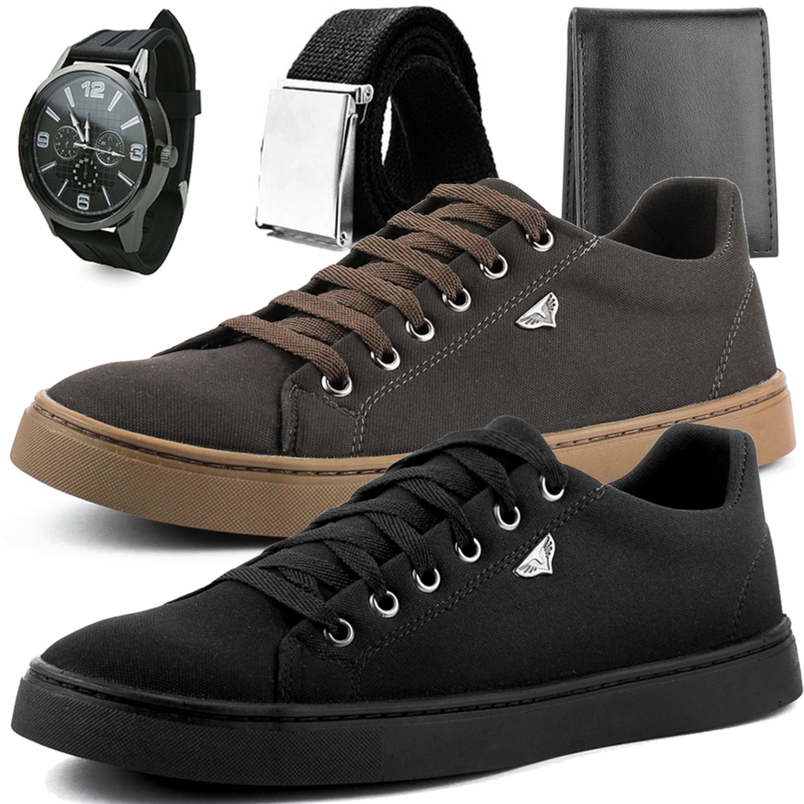 Kit 2 Pares de Sapatênis Dhl Masculino Marrom e Preto + Relógio + Cinto e Carteira