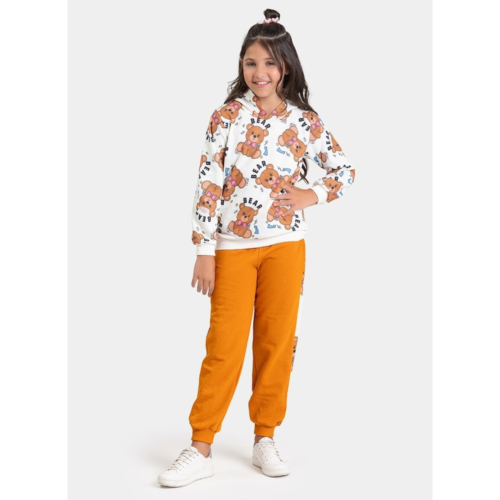 Infantil - Conjunto Inverno Menina Natural Blusão com Capuz e Calça com Recortes em Moletom Ursinhos