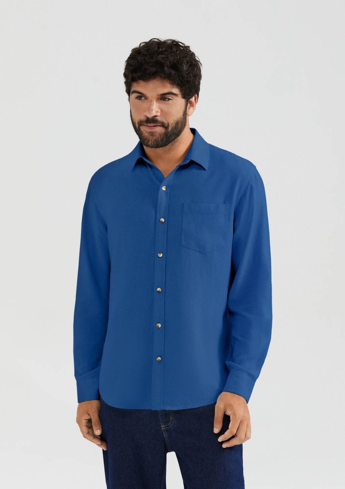Camisa Básica Masculina Manga Longa Slim Em Linho - Azul P