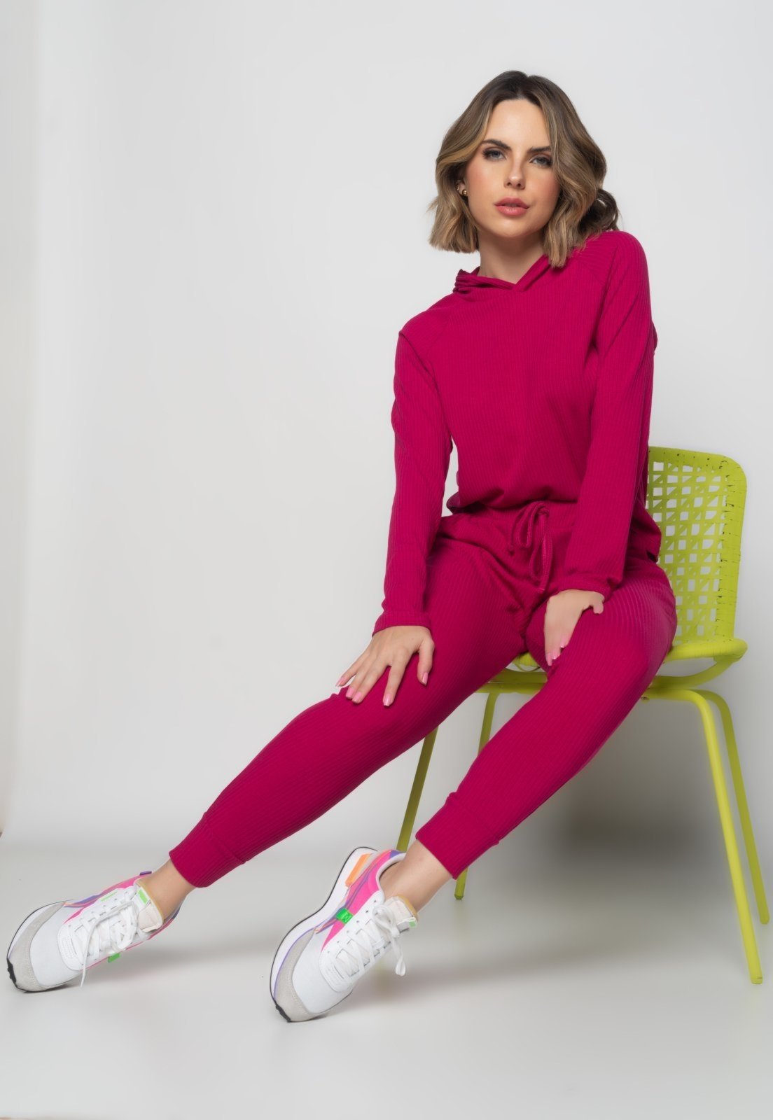 Conjunto Comfy Com Casaco Capuz e Jogger Canelado Salvatore Fashion Rosa