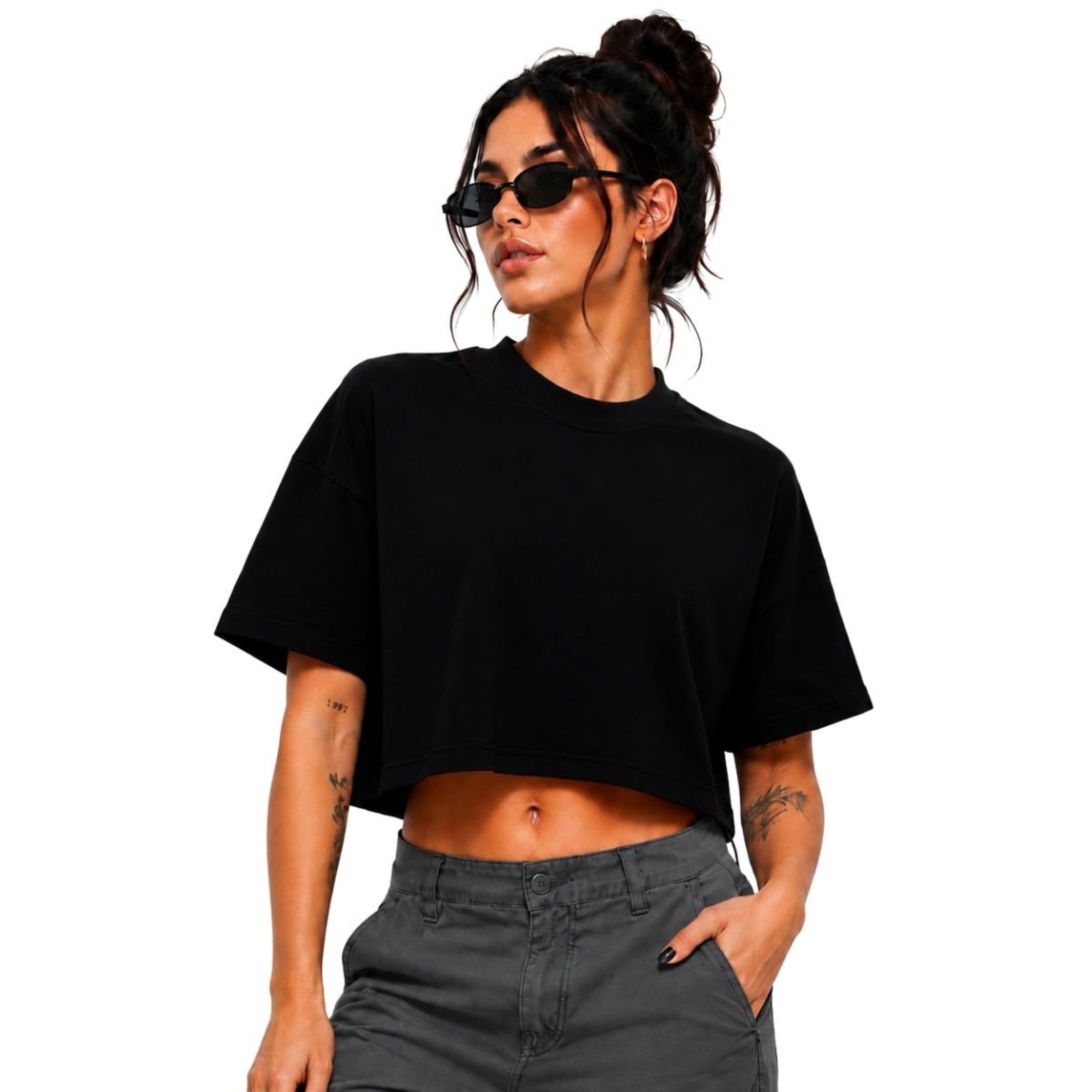Camiseta Feminina Cropped Oversized 100% Algodão Gola Redonda Básico Confortável Casual — foto 3