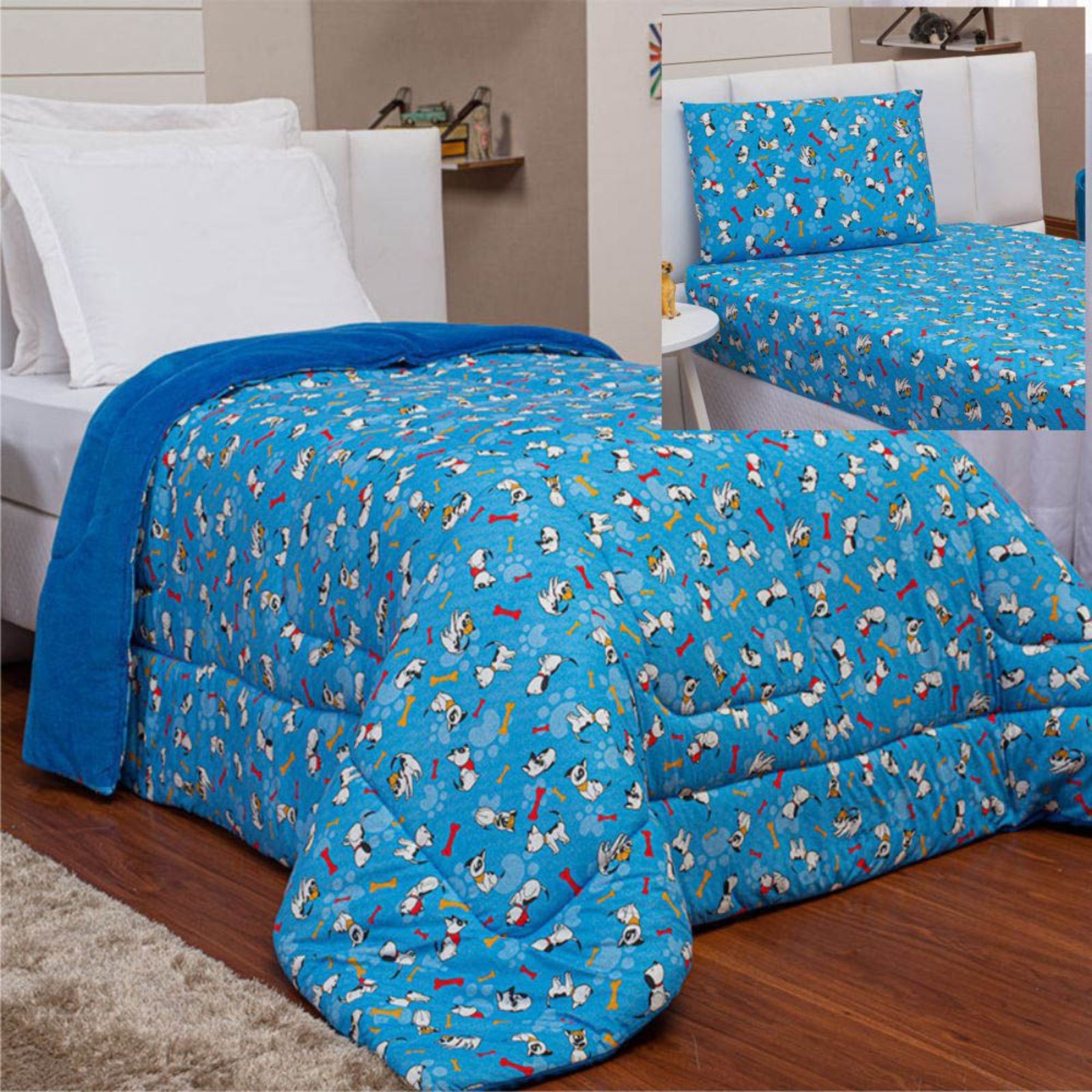 Coordenado Coberdrom Edredom e Lençol Solteiro 3 Peças Pets - Azul - 100% Poliéster