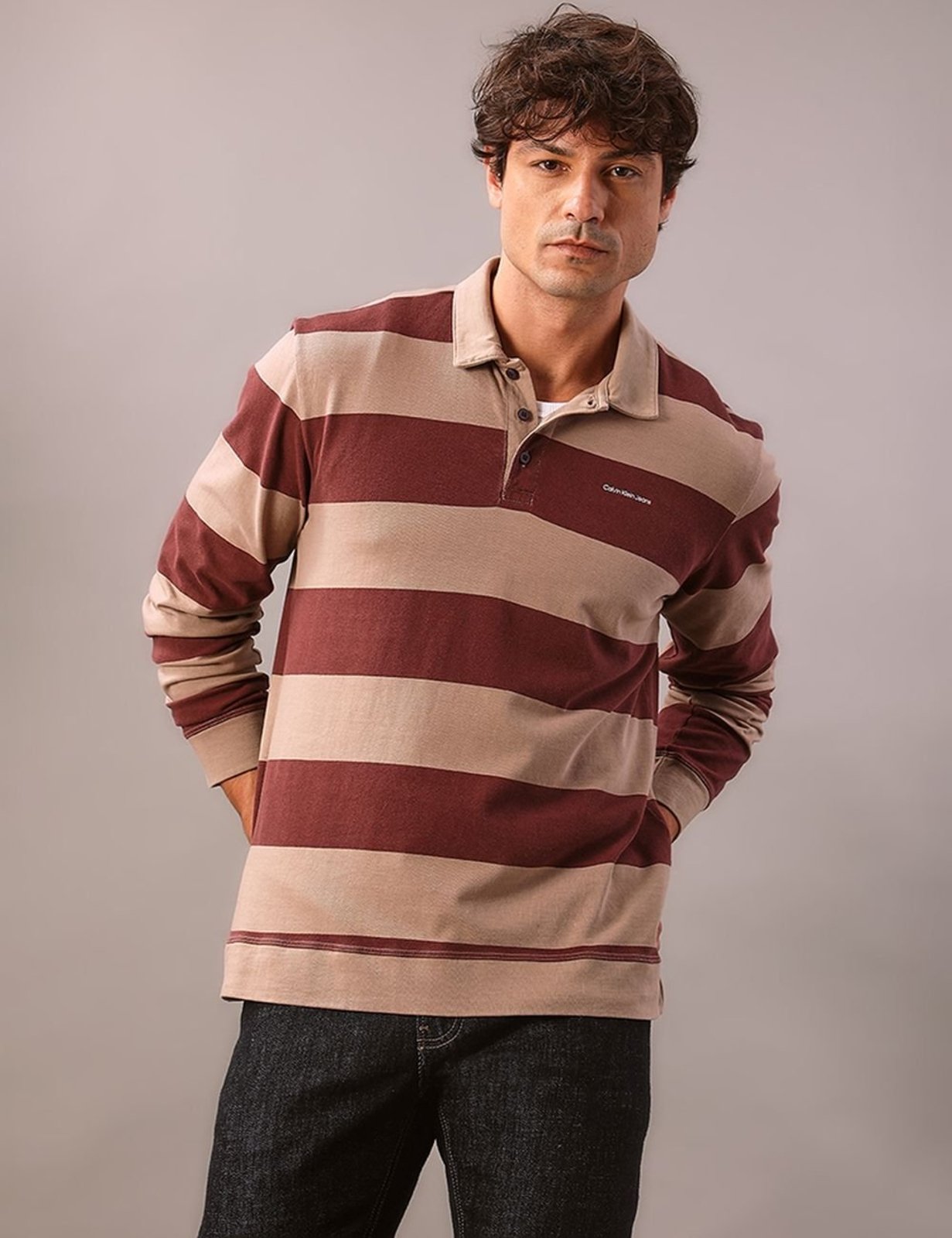 Polo Manga Longa Calvin Klein Jeans Masculino Rugby Listrada - Caqui Medio Calvin Klein Jeans