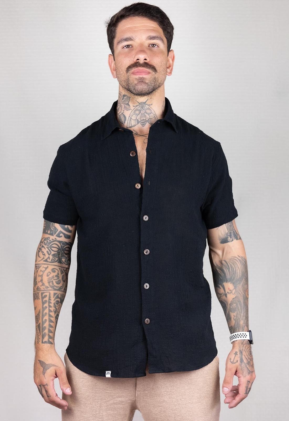 Camisa de Botão Manga Curta Malala Wear Cotton Linho Preto