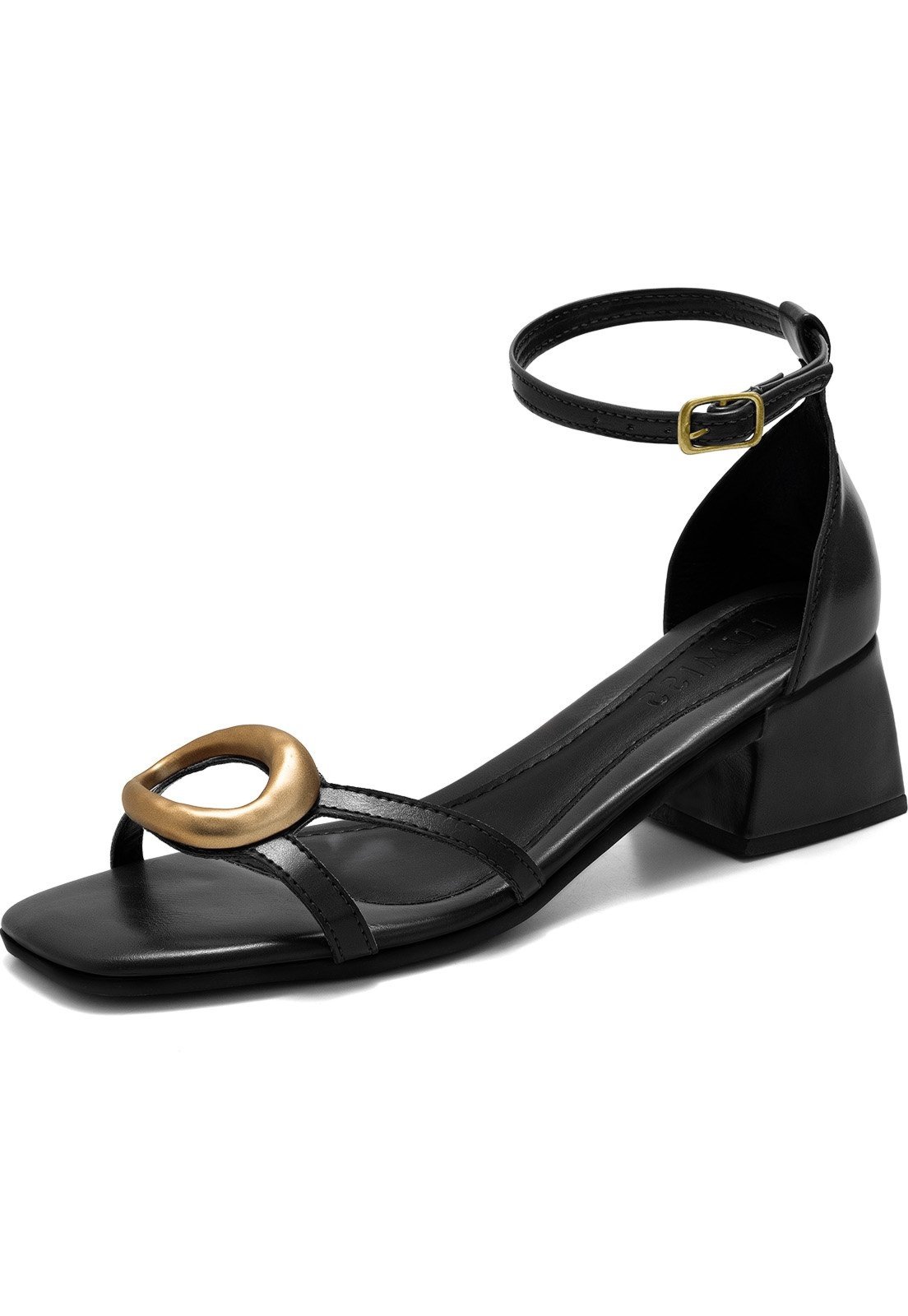 Sandália Feminina Lumiss Salto Bloco Baixo Bico Quadrado Confortável Enfeite Metalizado Dourado Preto