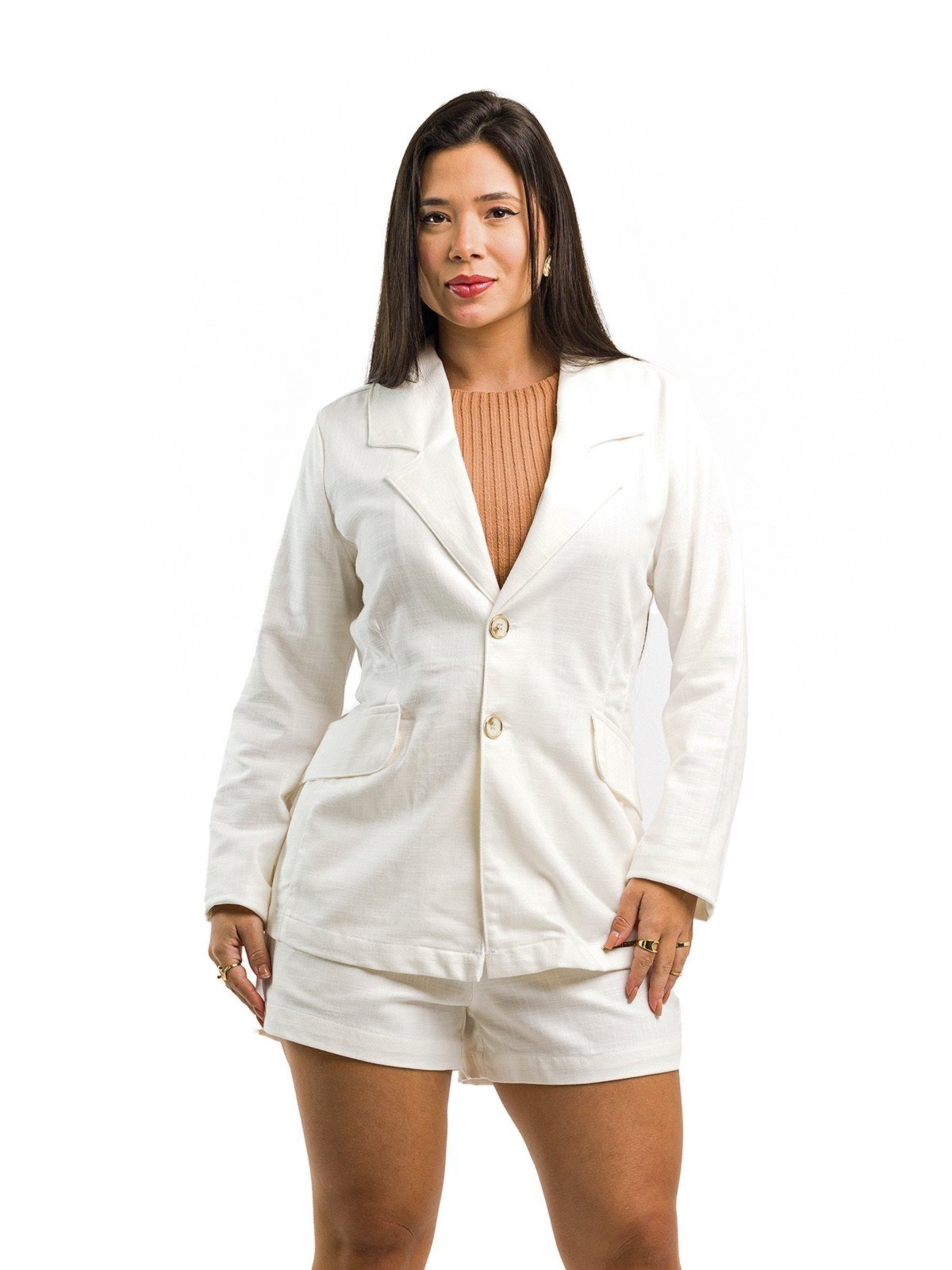 Vista 3 Conjunto Restrito Jeans Blazer e Short Alfaiataria branco Restrito Jeans branco