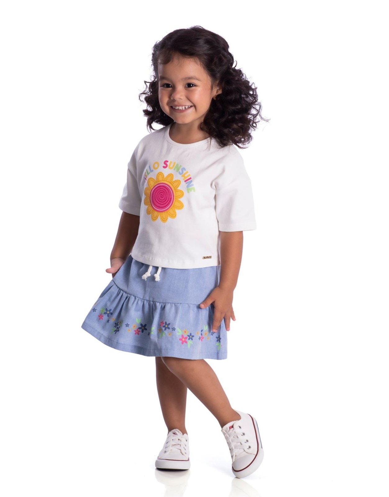 Infantil - Conjunto blusa cotton off-white e saia com shorts tecido azul jeans