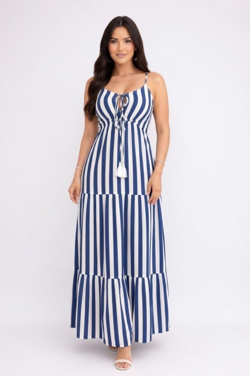 Vestido Longo D Bell Outlet Fashion Listrado Amarração Frontal Azul Marinho