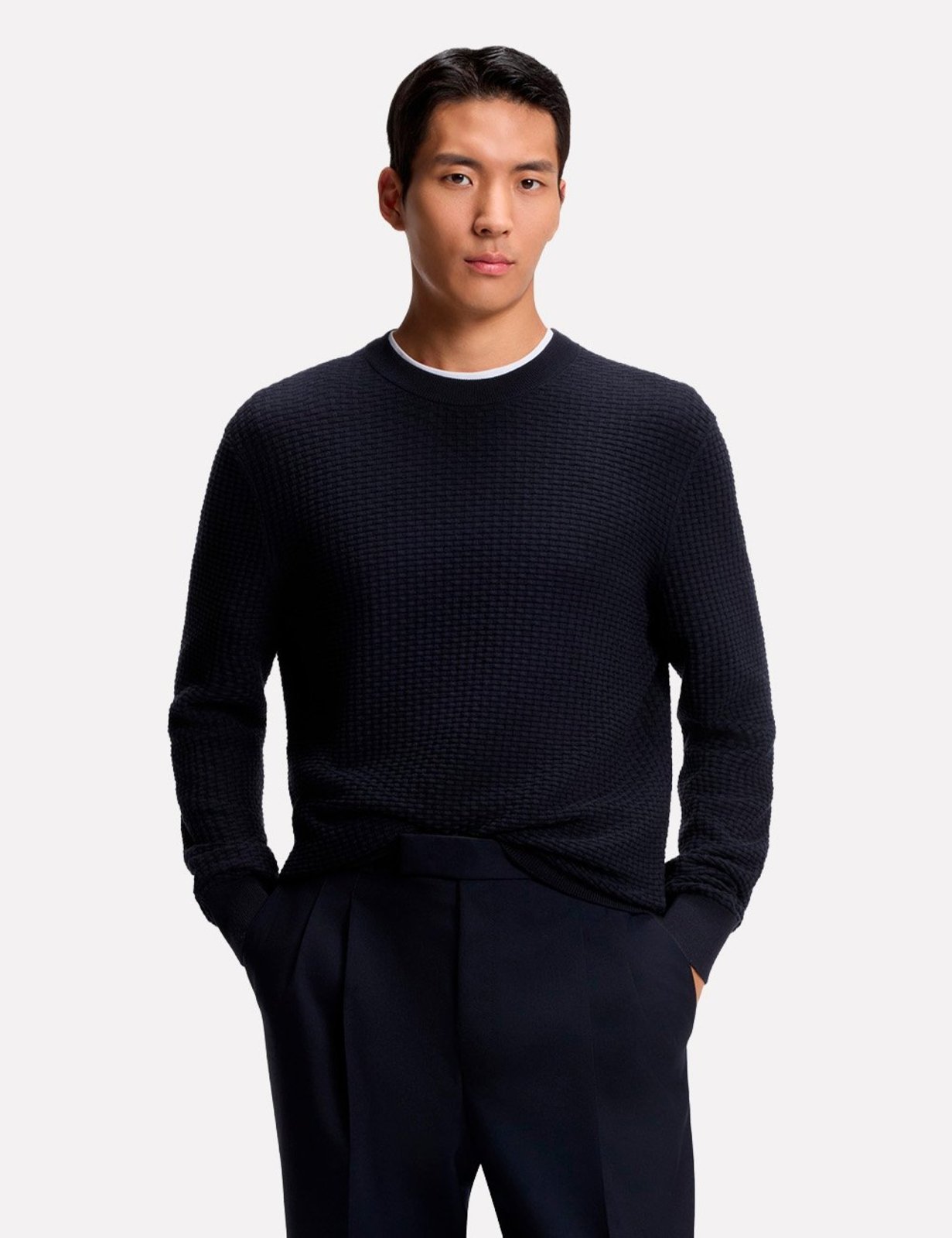 Suéter Hugo Boss Masculina Regular Fit Trico H-Imberto Azul Marinho