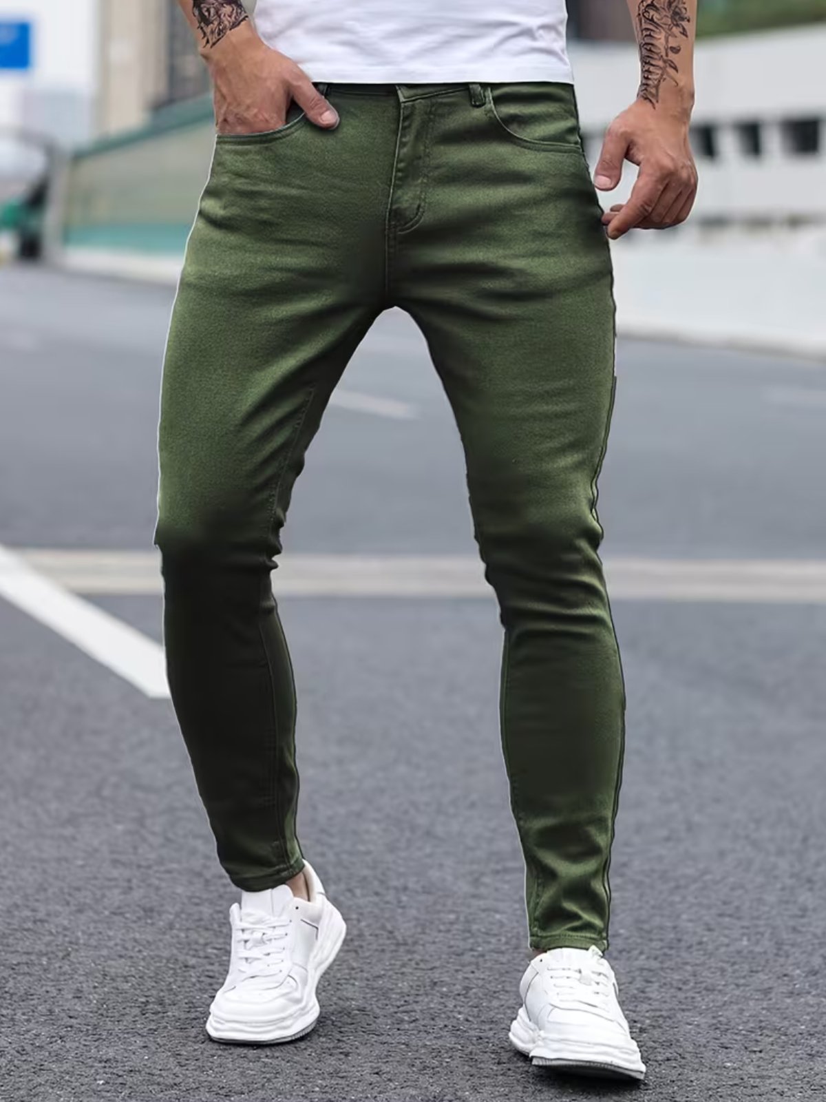 Calça Jeans Sarja 5 Estilos Verde Militar Confortavel e Basica