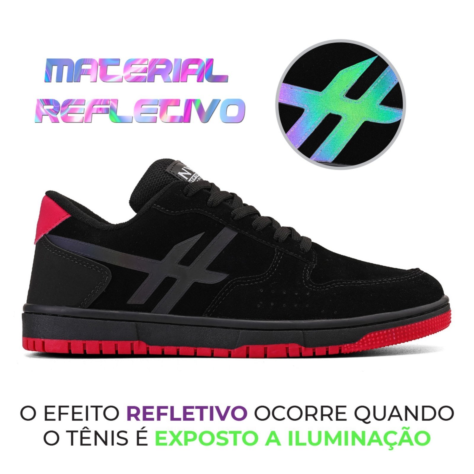 Vista 3 Tenis Skatista Refletivo Nyc Shoes Lançamento Com Estilo NYC CM40 Femenino e Masculino NYC NEW YORK CITY SHOES multicolorido/preto/vermelho NYC NEW YORK CITY SHOES multicolorido/preto/vermelho