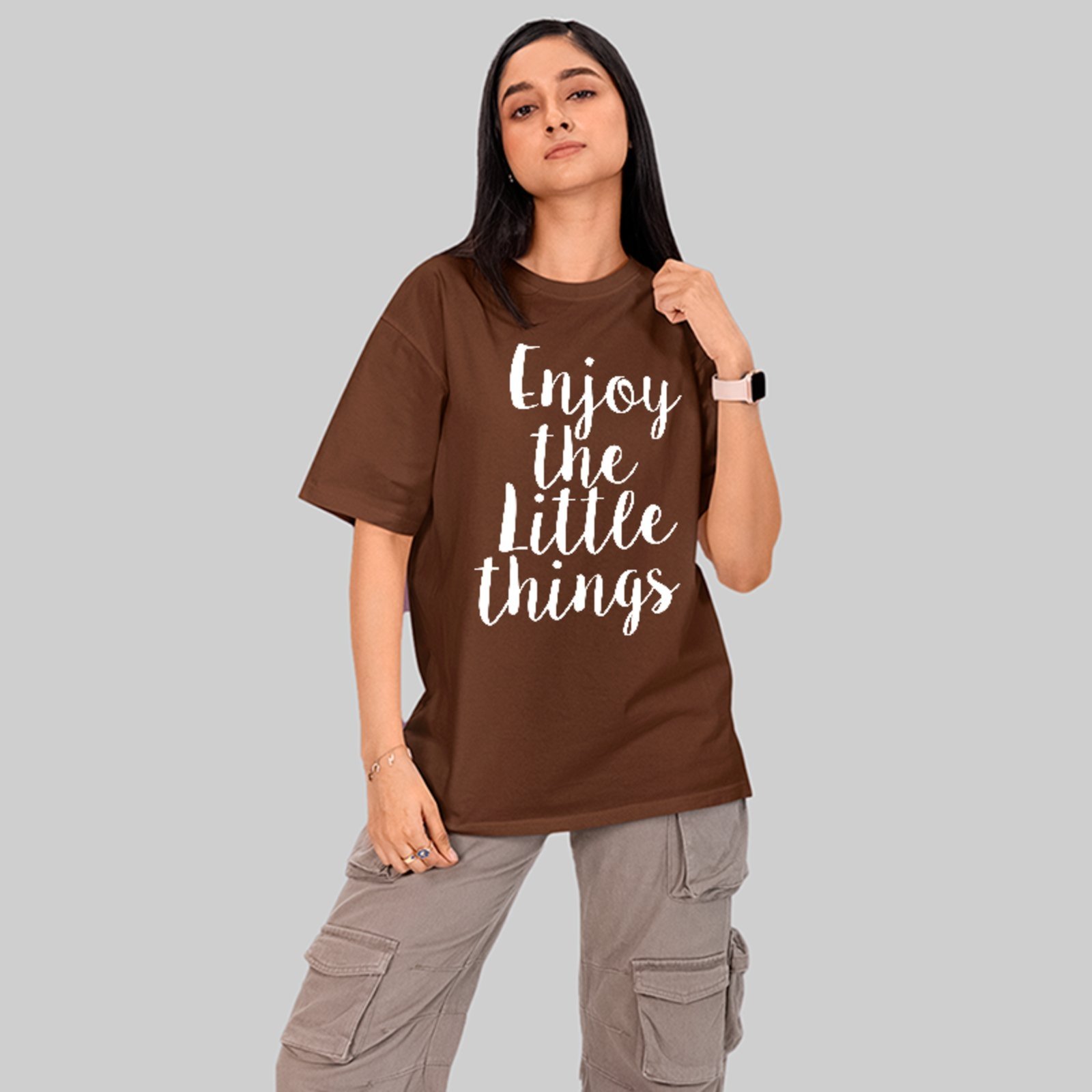 Camiseta Oversized Enjoy The Little Things Motivacional Streetwear Marrom