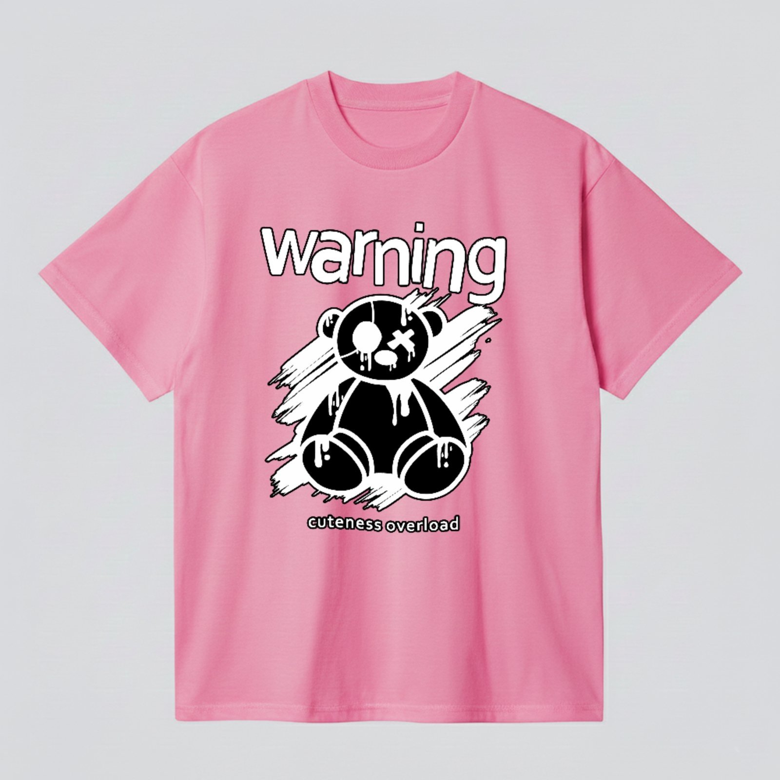 Camiseta Básica Ursinho Warning Cuteness Overload Visual Urbano Unissex Rosa