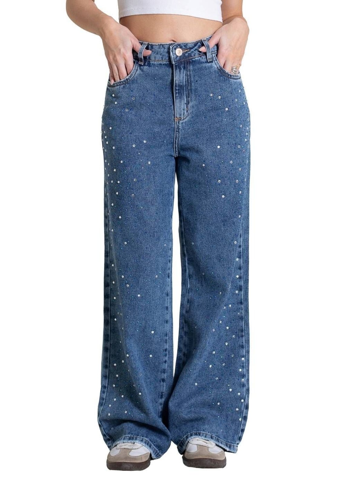 Calça Jeans Sawary Wide Leg Petit Brilho - 283723 - Azul - Sawary